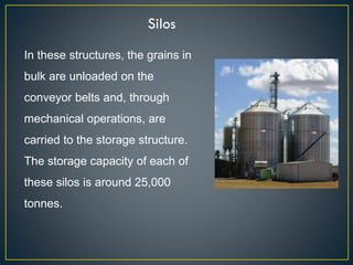 Silos
In these structures, the grains in
bulk are unloaded on the
conveyor belts and, through
mechanical operations, are
carried to the storage structure.
The storage capacity of each of
these silos is around 25,000
tonnes.
 