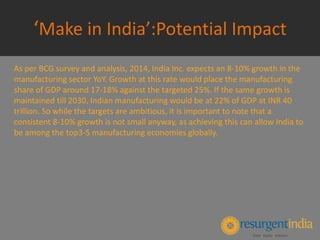 ‘Make in India’:Potential Impact
As per BCG survey and analysis, 2014, India Inc. expects an 8-10% growth in the
manufacturing sector YoY. Growth at this rate would place the manufacturing
share of GDP around 17-18% against the targeted 25%. If the same growth is
maintained till 2030, Indian manufacturing would be at 22% of GDP at INR 40
trillion. So while the targets are ambitious, it is important to note that a
consistent 8-10% growth is not small anyway, as achieving this can allow India to
be among the top3-5 manufacturing economies globally.
 
