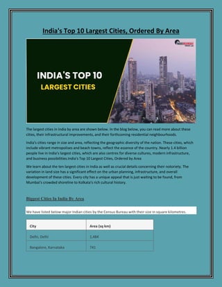 India's Top 10 Largest Cities, Ordered By Area
The largest cities in India by area are shown below. In the blog below, you can read more about these
cities, their infrastructural improvements, and their forthcoming residential neighbourhoods.
India's cities range in size and area, reflecting the geographic diversity of the nation. These cities, which
include vibrant metropolises and beach towns, reflect the essence of the country. Nearly 1.4 billion
people live in India's largest cities, which are also centres for diverse cultures, modern infrastructure,
and business possibilities.India's Top 10 Largest Cities, Ordered by Area
We learn about the ten largest cities in India as well as crucial details concerning their notoriety. The
variation in land size has a significant effect on the urban planning, infrastructure, and overall
development of these cities. Every city has a unique appeal that is just waiting to be found, from
Mumbai's crowded shoreline to Kolkata's rich cultural history.
Biggest Cities In India By Area
We have listed below major Indian cities by the Census Bureau with their size in square kilometres.
City Area (sq km)
Delhi, Delhi 1,484
Bangalore, Karnataka 741
 