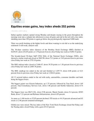 Equities erase gains, key index sheds 252 points
1 December, 2008 17:48:23


Indian equities markets opened strong Monday and despite staying in the green throughout the
morning went into a tailspin late afternoon to erase all gains and end in the red with a key index
shedding more than 250 points to again go below the psychologically important 9,000 mark.

There was profit booking at the higher levels and those wanting to exit did so as the underlying
sentiment is still weak, analysts said.

The 30-share sensitive index (Sensex) of the Bombay Stock Exchange (BSE) finished at
8,839.87, down 252.85 points or 2.78 percent from its close Friday last week at 9,092.72 points.

The broader-based 50-share S&P CNX Nifty of the National Stock Exchange (NSE), also
showed a similar trend and closed at 2682.90, down 72.2 points or 2.62 percent from its previous
close Friday last week at 2755.10 points.

The BSE midcap index closed at 2,846.47, down 39.29 points or 1.36 percent from its previous
close Friday last week at 2,885.76 points.

The BSE smallcap too ended in the red and finished at 3,297.73, down 6.88 points or 0.21
percent from its previous close Friday last week at 3,304.61 points.

All 13 sectoral indices ended in the red with realty, automobiles, consumer durables and bank
being the biggest losers.

The biggest gainer was Grasim Industries, up 1.75 percent, followed by Tata Steel, down 1.69
percent, Tata Consultancy Services Ltd., down 1.06 percent and Sterlite Industries, down 0.74
percent.

The biggest loser was DLF LTd., down 9.96 percent, Maruti Suzuki, down 9.4 percent, ICICI
Bank, down 7.21 percent and Reliance Infrastructure, down 6.95 percent.

As many as 1,160 stocks or 52.85 percent declined, 970 stocks or 44.19 percent advanced and 65
stocks or 2.96 percent remained unchanged.

Global cues were mixed. The key index of the New York Stock Exchange closed flat Friday and
the Nasdaq index closed Friday with a gain of 0.23 percent.
 
