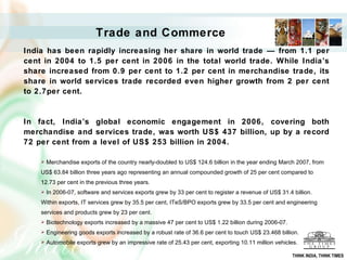 India has been rapidly increasing her share in world trade — from 1.1 per cent in 2004 to 1.5 per cent in 2006 in the total world trade. While India’s share increased from 0.9 per cent to 1.2 per cent in merchandise trade, its share in world services trade recorded even higher growth from 2 per cent to 2.7per cent. In fact, India’s global economic engagement in 2006, covering both merchandise and services trade, was worth US$ 437 billion, up by a record 72 per cent from a level of US$ 253 billion in 2004.  Merchandise exports of the country nearly-doubled to US$ 124.6 billion in the year ending March 2007, from US$ 63.84 billion three years ago representing an annual compounded growth of 25 per cent compared to 12.73 per cent in the previous three years.  In 2006-07, software and services exports grew by 33 per cent to register a revenue of US$ 31.4 billion. Within exports, IT services grew by 35.5 per cent, ITeS/BPO exports grew by 33.5 per cent and engineering services and products grew by 23 per cent.  Biotechnology exports increased by a massive 47 per cent to US$ 1.22 billion during 2006-07.  Engineering goods exports increased by a robust rate of 36.6 per cent to touch US$ 23.468 billion.  Automobile exports grew by an impressive rate of 25.43 per cent, exporting 10.11 million vehicles.  Trade and Commerce   THINK INDIA, THINK TIMES 