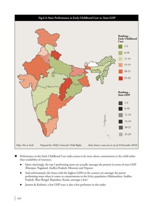 102
n	 Performance in the Early Childhood Care index seems to be more about commitment to the child rather
than availability of resources.
l	 Quite alarmingly, the top 5 performing states are actually amongst the poorest in terms of state GDP
(Manipur, Nagaland, Andhra Pradesh, Mizoram and Tripura).
l	 And unfortunately, the States with the highest GDPs in the country are amongst the poorer
performing states when it comes to commitments to the 0-6yr population (Maharashtra, Andhra
Pradesh, West Bengal. Rajasthan, Kerala, amongst a few)
l	 Jammu & Kashmir, a low GDP state is also a low performer in this index
Map: Not to Scale Prepared by: HAQ: Centre for Child Rights Data Source: www.nic.in (as of 31December 2010)
Fig 6.2: State Performance in Early Childhood Care vs. State GDP
1-5
Ranking –
Early Childhood
Care
6-10
11-14
15-19
20-21
25-29
1-5
Ranking –
State GDP
6-10
11-14
15-19
20-21
25-29
 