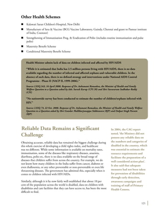 121
Other Health Schemes
n	 Kalawati Saran Children’s Hospital, New Delhi
n	 Manufacture of Sera & Vaccine (BCG Vaccine Laboratory, Guindy, Chennai and grant to Pasteur institute
of India, Coonoor)
n	 Strengthening of Immunisation Prog. & Eradication of Polio (includes routine immunisation and pulse
polio)
n	 Maternity Benefit Scheme
n	 Conditional Maternity Benefit Scheme
Reliable Data Remains a Significant
Challenge
Obtaining accurate, reliable data has remained the biggest challenge during
this whole exercise of developing a child rights index, and healthcare
was no different. While some information is available on mortality rates,
immunisation, some of the diseases like respiratory diseases, anaemia,
diarrhoea, polio etc, there is no data available on the broad range of
diseases that children suffer from across the country. For example, we do
not know how many children in the India suffer from cancer, diabetes or
even thallesemia, or any other preventable or non-preventable or even life
threatening diseases. The government has admitted this, especially when it
comes to children infected with HIV/AIDs.
Similarly, although it is by now fairly well established that about 10 per
cent of the population across the world is disabled, data on children with
disabilities and care facilities that they can have access to, has been the most
difficult to find.
Health Minister admits lack of data on children infected and affected by HIV/AIDS
“While it is estimated that India has 2.5 million persons living with HIV/AIDS, there is no data
available regarding the number of infected and affected orphans and vulnerable children. In the
absence of such data, there is no defined strategy and interventions under National AIDS Control
Programme - Phase II (NACP II, 1999-2006).”
Source: LSSQ 343, 16 April 2008. Response of Dr. Anbumani Ramadoss, the Minister of Health and Family
Welfare Question to a Question asked by Adv. Suresh Kurup (CPI (M) and Shri Suravaram Sudhakar Reddy
(CPI)
“No nationwide survey has been conducted to estimate the number of children/orphans infected with
HIV.”
Source: LSSQ 73, 22 Oct. 2008. Response of Dr. Anbumani Ramadoss, the Minister of Health and Family Welfare
Question to a Question asked by Shri Gowdar Mallikarjunappa Siddeswara (BJP) and Dalpat Singh Paraste
(BJP)
In 2004, the CAG report
noted, ‘the Ministry did not
possess any reliable data on
the numbers and categories of
disabled in the country, which
was essential to estimate the
resource requirements and
facilitate the preparation of a
well-considered action plan’.
It also said that adequate
measures had not been taken
for prevention of disabilities
through early detection,
awareness campaigns and
training of staff of Primary
Health Centres.
 