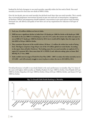 126
hindered by the lack of progress in neo-natal mortality, especially within the first week of birth. Neo-natal
mortality accounts for more than two-thirds of IMR in India.
Over the last decade, post-neo-natal mortality has declined much faster than neo-natal mortality. This is mainly
due to increased programme interventions focussed on post neo-natal such as immunisation, management
of diarrhoea. Policies and programmes should emphasise, interventions to pre-natal and neo-natal mortality.
Antenatal care, safe delivery and quality of new born care are key requirements for reduction of all types of
mortality.
Overall performance in health is very closely linked to the state’s performance in mortality. (Fig 7.5). Some of
the states with highest child mortality are Madhya Pradesh (24.3 per 1000 live births), Uttar Pradesh (23.9 per
1000 live births), Rajasthan (22.4 per 1000 live births), Orissa (22.0 per 1000 live births), and Assam (19.7 per
1000 live births).
•	 Each year, 26 million children are born in India.
•	 IMR has seen a significant decline in India from 129 deaths per 1000 live births to 68 deaths per 1000
live births in the year 2000. It is declining at a rate of 2.11%, and at the current rate, India can expect to
see an IMR of 47 deaths per 1000 live births by 2015, but it would still be higher than the target set for
this MDG of 28 per 1000 live births.
•	 They constitute 20 percent of the world’s infants. Of them, 1.2 million die within four weeks of being
born. This figure comprises a huge 30 per cent of the 3.9 million global neo-natal deaths. According
to the report State of India’s Newborns,1
The leading causes for neo-natal mortality are asphyxia 23 %,
sepsis 26 % preterm 28%. Since more than 50 % (NFHS-3) and deliveries taking place at home (Ref.
RSUSQ 70, 17 Oct. 2008)
•	 India couldn’t meet its target of Tenth Five Year Plan (2002 – 2007) to reduce the infant mortality rate to
45/1,000 – and will seriously struggle to meet its plans to reduce the rate to 28/1,000 by 2012.
Fig 7.5: Overall Child Health Ranking vs. Mortality
Overall Health Mortality
ArunachalPradesh
M
anipur
M
eghalayaM
izoramN
agaland
Punjab
K
erala
AndhraPradesh
H
im
achalPradesh
Jam
m
u
&
K
ashm
ir
Assam
H
aryana
Tam
ilN
adu
RajasthanSikkim
Tripura
U
ttaranchal
W
estBengal
U
ttarPradesh
M
aharashtra
K
arnataka
O
rissa
G
ujarat
Chhattishgarh
Bihar
D
elhi
G
oa
Jharkhand
M
adhyaPradesh
40
20
0
 