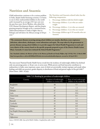 134
Nutrition and Anaemia
Child malnutrition continues to be a serious problem
in India, despite India’s booming economy, it is home
to one in three malnourished children in the world
and it increased by an average of 8.5 per cent over
the past four years. Kevin Watkins, who edited the
UN’s Human Development Report, said that despite
growing prosperity brought on by a sustained boom,
child malnourishment in India is higher than in
Ethiopia and well above the African average of 28 per
cent.37
The most recent National Family Health Survey reveals how the incidence of underweight children has declined
only one percentage point, to 46 per cent, in seven years. While poverty and food insecurity contributes to
malnutrition in India, some important causes, most of which are preventable, include improper and unsafe infant
feedings and child care practices, gender disparity in distribution of food and general neglect of the girl child.38
(News Dawn. 2009. 18 July)
The Nutrition and Anaemia-related index has the
following components:
i.	 Percentage children with low birth weight
ii.	 Percentage children <3 yrs who are under-
weight
iii.	 Percentage children <3 yrs who are stunted
iv.	 Percentage children <3 yrs who are wasted
v.	 Percentage children age 6-59 months who are
Anaemic
“The commonest diseases occurring among school children are measles, diarrhoea, acute respiratory
infections, tuberculosis, chickenpox, worm infestations and sepsis. The steps taken by the government to
prevent diseases among school children is to provide support for School Health Programmes in each and
every district of the country based on the specific proposals prepared as part of the District Health Action
Plans. Currently 21 states have initiated the School Health Programme.”
Smt. Panabaka Lakshmi, the Minister of State in the Ministry of Health and Family Welfare, Ref. LSUSQ 1763, 12 March 2008
http://www.guardian.co.uk/world/2008/jul/28/india.internationalaidanddevelopment, accessed on 5th April 2011.
Source: UNICEF, 2006. State of the World’s Children. Complied from table 2 and 6
Table 7.11: Ranking by prevalence of underweight children
Country Prevalence of underweight
children in country (%)
Share of total underweight
children in the world (%)
Bangladesh 48 5.7
Nepal 48 1.2
Ethiopia 47 4.2
India 47 39.0
Timor-Leste 46 0.1
Yemen 46 1.1
Burundi 45 0.4
Cambodia 45 0.6
Madagascar 42 0.9
Eritrea 40 0.2
Lao People’s Democratic Republic 40 0.2
Niger 40 0.8
Afghanistan 39 1.4
 