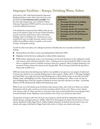 177
Improper Facilities – Ramps, Drinking Water, Toilets
As far back as 1987, India had initiated the Operation
Blackboard Scheme under which each school was to be
provided with two classrooms and a verandah. Over
the years other programmes, such as District Primary
Education Programme (DPEP) and SSA, were also meant
to provide additional classrooms.
It has already been mentioned that children either do not
come to the schools or drop out because of lack of facilities,
even the most basic infrastructure such as all weather
building, toilets or drinking water. Classrooms are over-
crowded and many are single classroom schools in which
children from different classes sit together as the teacher
attempts ‘multi-grade teaching’.
As with the other mini-indices, the ranking for provision of facilities does not necessarily match the overall
ranking.
n	 Kerala performs best when it comes to providing facilities followed by Delhi.
n	 Meghalaya is by far the worst, ranking low in almost all the components.
n	 While further analyzing the scores, it was interesting to see the clear discrepancy in the ranking for schools
with common toilets and those with girls’ toilets. Looking at the raw data provided by DISE, it seems that
there is a significant amount of double-counting in those two categories, which is perhaps hindering a true
assessment of how inclusive the schools are for the girl-child. We are however, limited by the data that is
being made available to us.
DISE data clearly shows that drinking water facility is not available in cent percent in any category of school and
13.25 per cent schools are yet to provide drinking water to their students.7
(Mehta. 2010. 71) Barring Chandigarh
and Tamil Nadu, not a single state has provided drinking water to all its schools. In fact, in states like Arunachal
Pradesh, Assam, and Meghalaya, less than 70 percent schools have drinking water. What is more, the data on
type of drinking water reveals that majority of schools do not have tap water, and there is an urban – rural divide.
Majority (49.90) schools provide children with hand-pump water.
While 63 per cent of all schools across 624 districts had common toilets, only a little over 50 per cent schools
had separate toilet for girls, and this is even lower in primary schools (42 per cent). There are more schools
with common toilets in urban areas than in rural areas. Some states are particularly bad in ensuring girls toilets:
Arunachal Pradesh, Assam, Meghalaya, Jammu Kashmir than 10 per cent schools have girls toilets.
The provision of ramps is still a low 34.19 per cent in primary schools and 40 in independent elementary
schools (primary and upper primary).8
(Mehta. 2010. 83) In all categories of schools only 34.43 per cent have
schools. Jharkhand, Dadra Nagar Haveli, Andhra Pradesh and Jammu & Kashmir have less than 10 per cent
schools with ramps, with Dadra & Nagar Haveli with as low as 1.69 per cent schools with ramps.
The Facilities-related index has the following
components:
•	 Percentage schools with no building
•	 Percentage distribution of Single-
Classroom schools
•	 Percentage schools with common toilets
•	 Percentage schools with girls toilets
•	 Percentage schools with drinking water
facilities
•	 Percentage schools with ramps
 