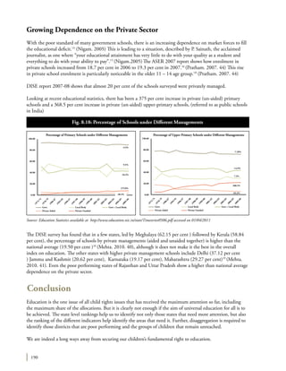 190
Growing Dependence on the Private Sector
With the poor standard of many government schools, there is an increasing dependence on market forces to fill
the educational deficit.14
(Nigam. 2005) This is leading to a situation, described by P. Sainath, the acclaimed
journalist, as one where “your educational attainment has very little to do with your quality as a student and
everything to do with your ability to pay”.15
(Nigam.2005)The ASER 2007 report shows how enrolment in
private schools increased from 18.7 per cent in 2006 to 19.3 per cent in 2007.16
(Pratham. 2007. 44) This rise
in private school enrolment is particularly noticeable in the older 11 – 14 age group.18
(Pratham. 2007. 44)
DISE report 2007-08 shows that almost 20 per cent of the schools surveyed were privately managed.
Looking at recent educational statistics, there has been a 375 per cent increase in private (un-aided) primary
schools and a 368.5 per cent increase in private (un-aided) upper-primary schools, (referred to as public schools
in India)
	
The DISE survey has found that in a few states, led by Meghalaya (62.15 per cent ) followed by Kerala (58.84
per cent), the percentage of schools by private managements (aided and unaided together) is higher than the
national average (19.50 per cent )16
(Mehta. 2010. 40), although it does not make it the best in the overall
index on education. The other states with higher private management schools include Delhi (37.12 per cent
) Jammu and Kashmir (20.62 per cent), Karnataka (19.17 per cent), Maharashtra (29.27 per cent)19
(Mehta.
2010. 41). Even the poor performing states of Rajasthan and Uttar Pradesh show a higher than national average
dependence on the private sector.
Conclusion
Education is the one issue of all child rights issues that has received the maximum attention so far, including
the maximum share of the allocations. But it is clearly not enough if the aim of universal education for all is to
be achieved. The state level rankings help us to identify not only those states that need more attention, but also
the ranking of the different indicators help identify the areas that need it. Further, disaggregation is required to
identify those districts that are poor performing and the groups of children that remain unreached.
We are indeed a long ways away from securing our children’s fundamental right to education.
100.00
80.00
60.00
40.00
20.00
0.00
Private Aided Private Unaided
Govt. Local Body Govt + Local Body
-7.29%
7.2%
-14.9%
368.5%
-65.4%
Percentage of Upper Primary Schools under Different Managements
1973-74
1978-79
1986-87
1993-94
1996-97
1997-98
1998-99
1999-00
2001-02
2002-03
2003-04
2004-05
2005-06
100.00
80.00
60.00
40.00
20.00
0.00
Private Aided Private Unaided
Govt. Local Body Govt + Local Body
-4.5%
-16.3%
9.5%
375.0%
Percentage of Primary Schools under Different Managements
1973-74
1978-79
1986-87
1993-94
1996-97
1997-98
1998-99
1999-00
2001-02
2002-03
2003-04
2004-05
2005-06
-38.3%
Fig. 8.18: Percentage of Schools under Different Managements
Source: Education Statistics available at http://www.education.nic.in/stats/Timeseries0506.pdf accessed on 01/04/2011
 