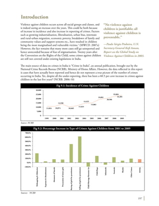 197
Introduction
Violence against children occurs across all social groups and classes, and
is indeed seeing an increase over the years. This could be both because
of increase in incidence and also increase in reporting of crimes. Factors
such as growing industrialisation, liberalisation, urban bias, interstate
and rural-urban migration, economic poverty, breakdown of family and
community values and support systems etc., have resulted in children
being the most marginalised and vulnerable victims.1
(MWCD. 2007a)
However, the fact remains that many more cases still go unreported and
hence unrecorded because of fear of stigmatisation. Twenty years after
the Convention on the Rights of the Child, some crimes against children
are still not covered under existing legislations in India.
The main source of data on crimes in India is “Crime in India”, an annual publication, brought out by the
National Crime Records Bureau (NCRB), Ministry of Home Affairs. However, the data reflected in this report
is cases that have actually been reported and hence do not represent a true picture of the number of crimes
occurring in India. Yet, despite all the under-reporting, there has been a 60.5 per cent increase in crimes against
children in the last five years!2
(NCRB. 2006-10)
“No violence against
children is justifiable; all
violence against children is
preventable.”
—Paulo Sérgio Pinheiro, U.N.
Secretary-General Kofi Annan,
Report on the Global Study on
Violence Against Children in 2003.
Fig 9.1: Incidence of Crime Against Children
1999
11,024 10,874
13,558
10,469
11,633
14,423
15,083
19,093
20,506
22,604
24,204
2000 2001 2002 2003 2004 2005 2006 2007 2008 2009
30,000
25,000
20,000
15,000
10,000
5,000
0
Source: NCRB
Fig 9.2: Percentage Increase in Type of Crimes Against Children from 2001 to 2009
Kidnapping&Abduction
Exposure&Abandonment
ChildMarriageRestraintAct
AbetmentofSuicide
ChildRape
Procurationofminorgirls
Infanticide
Buyingofgirlsforprostitution
Foeticide
OtherCrimes
Sellingofgirlsforprostitution
Murder
TOTAL
700.0%
600.0%
500.0%
400.0%
300.0%
200.0%
100.0%
0.0%
-100.0%
Sources:	NCRB
 