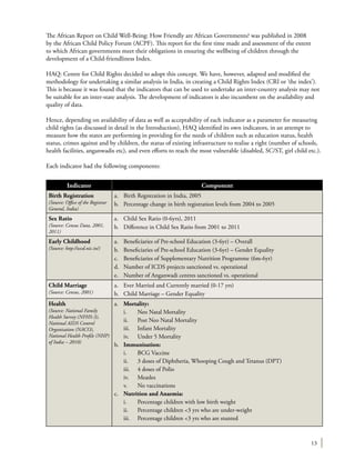 13
The African Report on Child Well-Being: How Friendly are African Governments? was published in 2008
by the African Child Policy Forum (ACPF). This report for the first time made and assessment of the extent
to which African governments meet their obligations in ensuring the wellbeing of children through the
development of a Child-friendliness Index.
HAQ: Centre for Child Rights decided to adopt this concept. We have, however, adapted and modified the
methodology for undertaking a similar analysis in India, in creating a Child Rights Index (CRI or ‘the index’).
This is because it was found that the indicators that can be used to undertake an inter-country analysis may not
be suitable for an inter-state analysis. The development of indicators is also incumbent on the availability and
quality of data.
Hence, depending on availability of data as well as acceptability of each indicator as a parameter for measuring
child rights (as discussed in detail in the Introduction), HAQ identified its own indicators, in an attempt to
measure how the states are performing in providing for the needs of children such as education status, health
status, crimes against and by children, the status of existing infrastructure to realise a right (number of schools,
health facilities, anganwadis etc), and even efforts to reach the most vulnerable (disabled, SC/ST, girl child etc.).
Each indicator had the following components:
Indicator Component
Birth Registration
(Source: Office of the Registrar
General, India)
a.	 Birth Registration in India, 2005
b.	 Percentage change in birth registration levels from 2004 to 2005
Sex Ratio
(Source: Census Data, 2001,
2011)
a.	 Child Sex Ratio (0-6yrs), 2011
b.	 Difference in Child Sex Ratio from 2001 to 2011
Early Childhood
(Source: http://wcd.nic.in/)
a.	 Beneficiaries of Pre-school Education (3-6yr) – Overall
b.	 Beneficiaries of Pre-school Education (3-6yr) – Gender Equality
c.	 Beneficiaries of Supplementary Nutrition Programme (6m-6yr)
d.	 Number of ICDS projects sanctioned vs. operational
e.	 Number of Anganwadi centres sanctioned vs. operational
Child Marriage
(Source: Census, 2001)
a.	 Ever Married and Currently married (0-17 yrs)
b.	 Child Marriage – Gender Equality
Health
(Source: National Family
Health Survey (NFHS-3),
National AIDS Control
Organisation (NACO),
National Health Profile (NHP)
of India – 2010)
a.	 Mortality:
	 i.	 Neo Natal Mortality
	 ii.	 Post Neo Natal Mortality
	 iii.	 Infant Mortality
	 iv.	 Under 5 Mortality
b.	 Immunisation:
	 i.	 BCG Vaccine
	 ii.	 3 doses of Diphtheria, Whooping Cough and Tetanus (DPT)
	 iii.	 4 doses of Polio
	iv.	Measles
	 v.	 No vaccinations
c.	 Nutrition and Anaemia:
	 i.	 Percentage children with low birth weight
	 ii.	 Percentage children <3 yrs who are under-weight
	 iii.	 Percentage children <3 yrs who are stunted
 