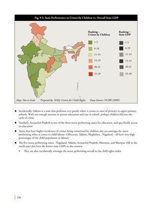 220
n	 Incidentally, Sikkim is a state that performs very poorly when it comes to ratio of primary to upper primary
schools. With not enough avenues to pursue education and stay in school, perhaps children fall into the
cycle of crime.
n	 Similarly, Arunachal Pradesh is one of the three worst performing states for education, and specifically access
to education
n	 States that have higher incidences of crimes being committed by children also are amongst the worst
performing when it comes to child labour. ((Mizoram, Sikkim, Meghalaya , Nagaland – all have very high
percentages of the child population in labour)
n	 The five worst performing states - Nagaland, Sikkim, Arunachal Pradesh, Mizoram, and Manipur (All in the
north east) also have the lowest state GDPs in the country.
	 •	 They are also, incidentally amongst the worst performing overall in the child rights index
Map: Not to Scale Prepared by: HAQ: Centre for Child Rights Data Source: NCRB (2009)
Fig. 9.5: State Performance in Crimes by Children vs. Overall State GDP
1-5 1-5
Ranking –
Crimes by Children
Ranking –
State GDP
6-10 6-10
11-14 11-14
15-19
20-21
15-19
20-21
25-29 25-29
 