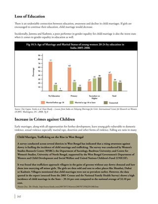 242
Loss of Education
There is an undeniable connection between education, awareness and decline in child marriages. If girls are
encouraged to continue their education, child marriage would decrease.
Incidentally, Jammu and Kashmir, a poor performer in gender equality for child marriage is also the worst state
when it comes to gender equality in education as well.
Increase in Crimes against Children
Early marriages, along with all opportunities for further development, leave young girls vulnerable to domestic
violence, sexual violence especially marital rape, desertion and other forms of violence. Falling sex ratio in many
Fig 10.5: Age of Marriage and Marital Status of young women 20-24 by education in
India 2005-2006
Married before age 18 Married at age 18 or later Unmarried
80
90
70
60
50
40
30
20
10
No Education Secondary or
Higher
Primary Total
Percentage
77
18
5
62
13
25 27
38
35
29
24
47
Source: Das Gupta, Sreela et al. Knot Ready – Lessons from India on Delaying Marriage for Girls. International Center for Research on Women
(ICRW). Washington, DC. 2008. Pg 8
Child Marriges, Trafficking on the Rise in West Bengal
A survey conducted across several districts in West Bengal has indicated that a rising awareness against
dowry is fuelling the incidence of child marriage and trafficking. The survey was conducted by Women’s
Studies Research Centre (WSRC); the Department of Sociology, Burdwan University; and Centre for
Women’s Studies, University of North Bengal, supported by the West Bengal Government’s Department of
Women and Child Development and Social Welfare and United Nations Children’s Fund (UNICEF).
It was found that traffickers approach villagers in the guise of grooms without any dowry demand and lure
them into marrying off minor girls. The girls are then sold and sent to other places like Mumbai, Dubai
or Kashmir. Villagers mentioned that child marriages were not so prevalent earlier. However, the data
quoted in the report (sourced from the 2001 Census and the National Family Health Survey) shows a high
incidence of child marriage in the State – 39.16 per cent compared to the national average of 32.10 per
cent.
Antara Das, The Hindu, http://www.hindu.com/2007/07/19/stories/2007071956291300.htm
 