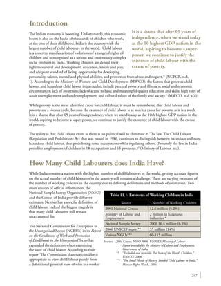 247
Introduction
The Indian economy is booming. Unfortunately, this economic
boom is also on the backs of thousands of children who work,
at the cost of their childhood. India is the country with the
largest number of child labourers in the world. ‘Child labour
is a concrete manifestation of violations of a range of rights of
children and is recognised as a serious and enormously complex
social problem in India. Working children are denied their
right to survival and development, education, leisure and play,
and adequate standard of living, opportunity for developing
personality, talents, mental and physical abilities, and protection from abuse and neglect.’1
(NCPCR. n.d.
1). According to the Ministry of Women and Child Development (MWCD), the factors that generate child
labour, and hazardous child labour in particular, include parental poverty and illiteracy; social and economic
circumstances; lack of awareness; lack of access to basic and meaningful quality education and skills; high rates of
adult unemployment and underemployment, and cultural values of the family and society.2
(MWCD. n.d. v(ii))
While poverty is the most identified cause for child labour, it must be remembered that child labour and
poverty are a viscous cycle, because the existence of child labour is as much a cause for poverty as it is a result.
It is a shame that after 65 years of independence, when we stand today as the 10th highest GDP nation in the
world, aspiring to become a super-power, we continue to justify the existence of child labour with the excuse
of poverty.
The reality is that child labour exists as there is no political will to eliminate it. The law, The Child Labour
(Regulation and Prohibition) Act that was passed in 1986, continues to distinguish between hazardous and non-
hazardous child labour, thus prohibiting some occupations while regulating others. (Presently the law in India
prohibits employment of children in 18 occupations and 65 processes.)3
(Ministry of Labour. n.d).
How Many Child Labourers does India Have?
While India remains a nation with the highest number of child labourers in the world, getting accurate figures
on the actual number of child labourers in the country still remains a challenge. There are varying estimates of
the number of working children in the country due to differing definitions and methods of estimation. Two
main sources of official information, the
National Sample Survey Organisation (NSSO)
and the Census of India provide different
estimates. Neither has a specific definition of
child labour. Indeed the biggest tragedy is
that many child labourers still remain
unaccounted for.
The National Commission for Enterprises in
the Unorganised Sector (NCEUS) in its Report
on the Conditions of Work and Promotion
of Livelihoods in the Unorganised Sector has
expanded the definition when examining
the issue of child labour. According to their
report ‘The Commission does not consider it
appropriate to view child labour purely from
a definitional point of view of who is a worker
Source Number of Working Children
2001 National Census 12.6 million (5.2%)
Ministry of Labour and
Employment
2 million in hazardous
industries *
National Sample Survey 2000 16.4 million (6.5%)
2006 UNICEF report** 35 million (14%)
Various NGOs*** 60-115 million
Table 11.1: Estimates of Working Children in India
Sources:	 2001 Census, NSSO 2000, UNICEF, Ministry of Labour
*	 Figure provided by the Ministry of Labour and Employment,
Government of India.
** 	 “Excluded and invisible: The State of the World’s Children,”
UNICEF, 2006.
*** 	 “The Small Hands of Slavery: Bonded Child Labour in India,”
Human Rights Watch, 1996.
It is a shame that after 65 years of
independence, when we stand today
as the 10 highest GDP nation in the
world, aspiring to become a super-
power, we continue to justify the
existence of child labour with the
excuse of poverty.
 