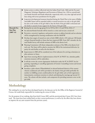 72
Methodology
The ranking for sex ratio has been developed based on the data put out by the Office of the Registrar General of
Census, the nodal body responsible for conducting the census in India.
For the purpose of our ranking, data from both Census 2001 and the provisional data Census 2011 have been
used. The states have been ranked both on their current performance, as well as by the effort they have shown
to improve the sex ratio scenario from the previous census.
n Initiate action to enforce effectively both the Indian Penal Code, 1860 and the Pre-natal
Diagnostic Technique (Regulation and Prevention of Misuse) Act, 1994 to control/eradi-
cate female foeticide and female infanticide, respectively with a very close vigil and surveil-
lance along with severe punishment for the guilty
n Long-term developmental measures launched during the Ninth Plan in the name of Balika
Samriddhi Yojana will be expanded widely to extend incentives not only to the girl child
but also to the mother of the girl child so that the birth of the girl child is welcomed and
the family is assured of state support for the future of the girl child
Eleventh Five
Year Plan
(2007-12)
n Raising the sex ratio for age group 0–6 to 935 by 2011–12 and 950 by 2016–17
n Sex selection/female foeticide will be treated as a crime and not just a social evil.
n Preventive, corrective/ regulatory, and punitive actions to address foeticide and sex selection
will be strengthened by ensuring coordination with the MoHFW
n Develop clear targets of natural sex ratio at birth (SRB) which is 105 males per 100 females
and give financial benefits to States that have improved SRB. From 2007 onwards, the An-
nual Health Survey will include estimates of SRB at the district level.
n Planning Commission will obtain independent estimates of the SRB at the district level
each year. The States will be asked to monitor the SRB of the institutional deliveries, by
parity, for each facility as well as for the districts
n Improvement in SRB will be considered one of the indicators for arriving at decisions on
plan assistance to States.
n Apart from ensuring effective implementation of the PC & PNDT Act, relentless public
awareness measures will be undertaken.
n It will also review the current Appropriate Authorities under the PC & PNDT Act for
granting, suspending or cancelling registration of Genetic Counselling Centres and investi-
gating complaints.
n Introduce a pilot scheme (Dhanalakshmi) in selected backward districts of the country
wherein conditional cash will be provided to the family of the girl child (preferably the
mother) on fulfilling certain conditionalities for the girl child, such as birth registration;
immunisation; enrolment retention in school; and delaying the marriage age beyond 18
years. The scheme will also include a sub-component for providing insurance cover to the
girl child.
 