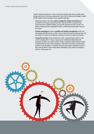 10 India Corporate Real Estate Trends 2013
Overall, outsourcing behaviour in India is advanced compared with other countries. More
complex services are now being outsourced in India (Fig. 6), reflecting the strategic mindset
of CRE leaders and the existing in-house capability challenges.
•	 Requiring temporary resources, project management, design and build-out are
currently the most easily outsourced services, with almost half of companies fully
outsourcing them to external partners, and only 6% keeping them fully in-house. The
delivery of these services is expected to shift to a mixed outsourcing model in the next
three years.
•	 Property management as well as portfolio and facilities management are the next
most outsourced CRE services in India. Around a third fully outsource these services, the
rest opting for a hybrid service delivery combining in-house and outsourced solutions.
•	 Transaction services are less outsourced in India. Corporate leaders prefer to have
control by keeping them in-house, relying more on established relationships with
developers. However, as a larger number of Indian companies expand into less familiar
markets (where they don’t have connections), they will be more prone to entrust these
functions to service partners. Transaction services outsourcing is expected to pick up in
India, with just above a third of respondents anticipating to fully outsource transaction
services in three years’ time.
 