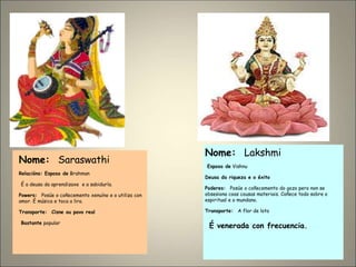 Nome: Saraswathi
Relacións: Esposa de Brahman
É a deusa da aprendizaxe e a sabiduría.
Powers: Posúe o coñecemento xenuíno e o utiliza con
amor. É música e toca a lira.
Transporte: Cisne ou pavo real
Bastante popular
Nome: Lakshmi
Esposa de Vishnu
Deusa da riqueza e o éxito
Poderes: Posúe o coñecemento do gozo pero non se
obsesiona coas cousas materiais. Coñece todo sobre o
espiritual e o mundano.
Transporte: A flor de loto
É venerada con frecuencia.
 