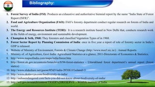 1. Forest Survey of India (FSI): Produces an exhaustive and authoritative biennial report by the name “India State of Forest
Report (ISFR)”.
2. Food and Agriculture Organization (FAO): FAO’s forestry department conduct regular research on forests of India and
world.
3. The Energy and Resources Institute (TERI): It is a research institute based in New Delhi that, conducts research work
in the fields of energy, environment and sustainable development.
4. Champion & Seth, 1968: They foresters and classified Vegetation Types of in 1968.
5. Forest Sector Report by Planning Commission of India: once in five year a report of role of forestry sector in India’s
GDP is released.
6. Website of Ministry of Environment, Forests & Climate Change (http://www.moef.nic.in/) : Annual Reports
7. Ministry of. of Agriculture, Govt India: Agricultural Statistics at a glance, 2011-Directorate of Economics & Statistics.
8. http://www.mapsofindia.com/maps/india/forest.htm
9. http://forest.uk.gov.in/contents/listarchive/8/94-forest-statistics - Uttarakhand forest department’s annual report (forest
statics)
10. http://www.slideshare.net/guestc9f3d3/india-2030819?related=3
11. http://www.ekalavvya.com/biodiversity-in-india/
12. http://indiasendangered.com/facts-you-did-not-know-about-biodiversity-of-india/
13. http://wii.gov.in/search/content/TIGER%20RESERVE - Wildlife institute of India
Bibliography:
 