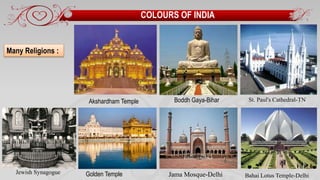 COLOURS OF INDIA
Many Religions :
Bahai Lotus Temple-Delhi
St. Paul's Cathedral-TN
Jama Mosque-Delhi
Boddh Gaya-Bihar
Golden TempleJewish Synagogue
Akshardham Temple
 