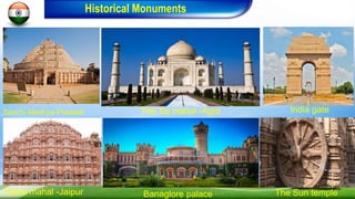 I Historical Monuments
Sanchi-Madhya-Pradesh
Hawa mahal -Jaipur
The Taj mahal -Agra
Banaglore palace
India gate
The Sun temple
 