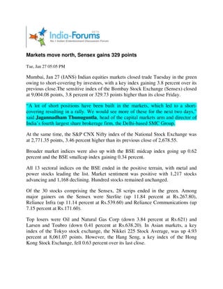 Markets move north, Sensex gains 329 points

Tue, Jan 27 05:05 PM

Mumbai, Jan 27 (IANS) Indian equities markets closed trade Tuesday in the green
owing to short-covering by investors, with a key index gaining 3.8 percent over its
previous close.The sensitive index of the Bombay Stock Exchange (Sensex) closed
at 9,004.08 points, 3.8 percent or 329.73 points higher than its close Friday.

“A lot of short positions have been built in the markets, which led to a short-
covering resulting in a rally. We would see more of these for the next two days,”
said Jagannadham Thunuguntla, head of the capital markets arm and director of
India’s fourth largest share brokerage firm, the Delhi-based SMC Group.

At the same time, the S&P CNX Nifty index of the National Stock Exchange was
at 2,771.35 points, 3.46 percent higher than its previous close of 2,678.55.

Broader market indices were also up with the BSE midcap index going up 0.62
percent and the BSE smallcap index gaining 0.34 percent.

All 13 sectoral indices on the BSE ended in the positive terrain, with metal and
power stocks leading the list. Market sentiment was positive with 1,217 stocks
advancing and 1,168 declining. Hundred stocks remained unchanged.

Of the 30 stocks comprising the Sensex, 28 scrips ended in the green. Among
major gainers on the Sensex were Sterlite (up 11.84 percent at Rs.267.80),
Reliance Infra (up 11.14 percent at Rs.539.60) and Reliance Communications (up
7.15 percent at Rs.171.60).

Top losers were Oil and Natural Gas Corp (down 3.84 percent at Rs.621) and
Larsen and Toubro (down 0.41 percent at Rs.638.20). In Asian markets, a key
index of the Tokyo stock exchange, the Nikkei 225 Stock Average, was up 4.93
percent at 8,061.07 points. However, the Hang Seng, a key index of the Hong
Kong Stock Exchange, fell 0.63 percent over its last close.
 