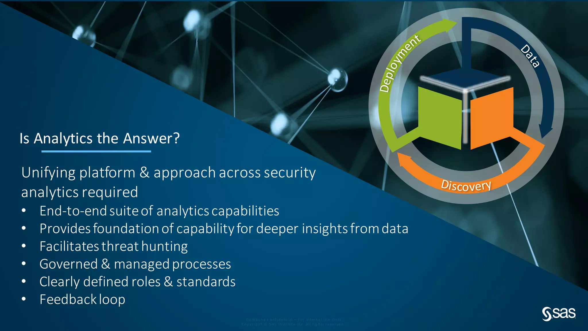 Com pa ny Conf ide nt ial – For Int er na l Use O nly
Copy r ig ht © S AS Inst itut e Inc. All r ig hts r e se r ve d.
Is Analytics the Answer?
Unifying platform & approach across security
analytics required
• End-to-endsuiteof analyticscapabilities
• Providesfoundationof capabilityfor deeper insightsfromdata
• Facilitatesthreathunting
• Governed & managedprocesses
• Clearly defined roles & standards
• Feedbackloop
 