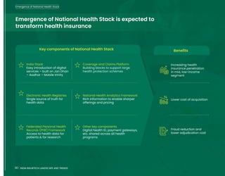 30 INDIA INSURTECH LANDSCAPE AND TRENDS
Emergence of National Health Stack is expected to
transform health insurance
India Stack
Easy introduction of digital
services – built on Jan Dhan
– Aadhar – Mobile trinity
Coverage and Claims Platform
Building blocks to support large
health protection schemes
Electronic Health Registries
Single source of truth for
health data
National Health Analytics Framework
Rich information to enable sharper
offerings and pricing
Federated Personal Health
Records (PHR) Framework
Access to health data for
patients & for research
Other key components
Digital health ID, payment gateways,
etc. shared across all health
programs
Increasing health
insurance penetration
in mid, low-income
segment
Lower cost of acquisition
Fraud reduction and
lower adjudication cost
Benefits
Key components of National Health Stack
Emergence of National Health Stack
30 INDIA INSURTECH LANDSCAPE AND TRENDS
 