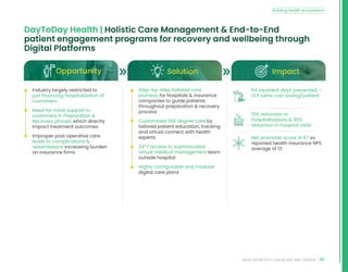 49
INDIA INSURTECH LANDSCAPE AND TRENDS
DayToDay Health | Holistic Care Management  End-to-End
patient engagement programs for recovery and wellbeing through
Digital Platforms
Opportunity Solution Impact
• Industry largely restricted to
just financing hospitalization of
customers
• Need for more support to
customers in Preparation 
Recovery phases which directly
impact treatment outcomes
• Improper post operative care
leads to complications 
readmissions increasing burden
on insurance firms
• Step-by-step, tailored care
journeys for hospitals  insurance
companies to guide patients
throughout preparation  recovery
process
• Customized 360 degree care by
tailored patient education, tracking
and virtual connect with health
experts
• 24*7 access to sophisticated
virtual medical management team
outside hospital
• Highly configurable and modular
digital care plans
54 inpatient days prevented, ~
13.5 lakhs cost saving/patient
10% reduction in
hospitalizations  30%
reduction in hospital visits
Net promoter score of 67 vs.
reported health insurance NPS
average of 13
Building health ecosystems
 