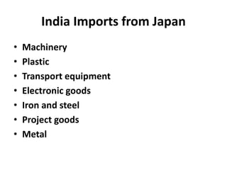 India Imports from Japan
• Machinery
• Plastic
• Transport equipment
• Electronic goods
• Iron and steel
• Project goods
• Metal
 