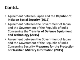 Contd..
• Agreement between Japan and the Republic of
India on Social Security (2012)
• Agreement between the Government of Japan
and the Government of the Republic of India
Concerning the Transfer of Defence Equipment
and Technology (2015)
• Agreement between the Government of Japan
and the Government of the Republic of India
Concerning Security Measures for the Protection
of Classified Military Information (2015)
 