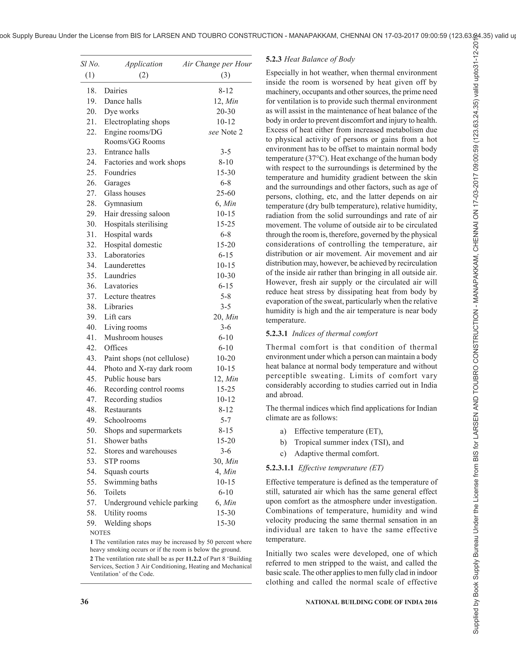 PART 8 BUILDING SERVICES — SECTION 1 LIGHTING AND NATURAL VENTILATION 33
purposes. However, if the fenestration
provided is less than the required value, the
wattage of supplementary artificial lights
should be increased proportionately to make
up for the deficiency of natural illumination.
4.4.4 For good distribution of day light on the working
plane in a room, window height, window width and
height of sill should be chosen in accordance with the
following recommendations:
a) In office buildings windows of height 1.2 m
or more in the centre of a bay with sill level at
1.0 to 1.2 m above floor and in residential
buildings windows of height 1.0 m to 1.1 m
with sill height as 0.7 m to 0.9 m above floor
are recommended for good distribution of
daylight indoors. Window width can
accordingly be adjusted depending upon the
required fenestration percentage of the floor
area.
b) If the room depth is more than 10 m, windows
should be provided on opposite sides for
bilateral lighting.
c) It is desirable to have a white finish for ceiling
and off white (light colour) to white for walls.
There is about 7 percent improvement in
lighting levels in changing the finish of walls
from moderate to white.
4.4.5 For good distribution and integration of daylight
with artificial lights the following guidelines are
recommended:
a) Employ cool daylight fluorescent tubes for
supplementary artificial lighting.
b) Distribute luminaries with a separation of 2 m
to 3 m in each bay of 3 m to 4 m width.
c) Provide more supplementary lights such as
twin tube luminaries in work areas where
daylight is expected to be poor, for example
in the rear region of a room having single
window and in the central region of a room
having windows on opposite walls. In the
vicinity of windows only single tube
luminaries should be provided.
4.4.6 Artificial Lighting
Energy conservation in lighting is affected by reducing
wastage and using energy effective lamps and
luminaires without sacrificing lighting quality.
Measures to be followed comprise utilization of
daylight, energy effective artificial lighting design by
providing required illumination where needed, turning
off artificial lights when not needed, maintaining lighter
finishes of ceiling, walls and furnishings, and
implementing periodic schedule for cleaning of
luminaires and group replacement of lamps at suitable
intervals. Choice of light sources with higher luminous
efficacy and luminaires with appropriate light
distribution is the most effective means of energy saving
in lighting. However, choice of light sources also
depends on the other lighting quality parameters like
colour rendering index and colour temperature or
appearance. For example, high pressure sodium vapour
lamps, which have very high luminous efficacy, are not
suitable for commercial interiors because of poor colour
rendering index and colour appearance, but are highly
desirable in heavy industries. Also the choice of light
sources depends on the mounting height in the interiors.
For example, fluorescent lamps are not preferred for
mounting beyond 7 m height, when high pressure gas
discharge lamps are preferred because of better optical
control due to their compact size.
4.4.6.1 Efficient artificial light sources and luminaires
Luminous efficacies of some of the lamps used in
lighting of buildings are given in Table 8 along with
average life in burning hours, colour rendering index
and colour temperature.
Following recommendations may be followed in the
choice of light sources for different locations:
a) For supplementary artificial lighting of work
area in office building care should be taken to
use fluorescent lamps, which match with
colour temperature of the daylight.
b) For residential buildings fluorescent lamps
and/or CFLs of proper CRI and CCT are
recommended to match with the colours and
interior design of the room.
c) For commercial interiors, depending on the
mounting heights and interior design,
fluorescent lamps, CFLs and low wattage
metal halide lamps are recommended. For
highlighting the displays in show windows,
hotels, etc, low wattage tubular or dichroic
reflector type halogen lamps can be used.
d) For industrial lighting, depending on the
mounting height and colour consideration
fluorescent lamps, high pressure mercury
vapour lamps or high pressure sodium vapour
lamps are recommended.
4.4.6.2 For the same lumen output, it is possible to
save 50 to 70 percent energy if CFL lamps are replaced
with induction lighting, and 40 to 60 percent if replaced
with LED lamps. Similar energy effective solutions are
to be chosen for every application area.
Similarly with white fluorescent tubes recommended
for corridors and staircases, the electrical consumption
reduces to 1/4.5 of the energy consumption with
incandescent lamps.
Supplied
by
Book
Supply
Bureau
Under
the
License
from
BIS
for
LARSEN
AND
TOUBRO
CONSTRUCTION
-
MANAPAKKAM,
CHENNAI
ON
17-03-2017
09:00:59
(123.63.24.35)
valid
upto31-12-2017
ook Supply Bureau Under the License from BIS for LARSEN AND TOUBRO CONSTRUCTION - MANAPAKKAM, CHENNAI ON 17-03-2017 09:00:59 (123.63.24.35) valid up
 