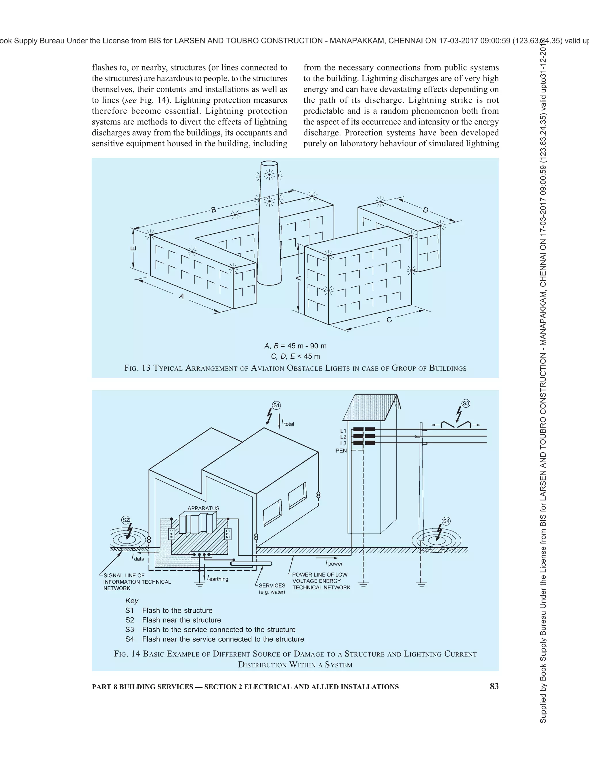 80 NATIONAL BUILDING CODE OF INDIA 2016
requirement for operation and maintenance of large
complexes. This system can further be linked to other
systems such as fire alarm system, public address
system, etc for more effective running of services. This
system can be used for analysis and controlling of all
services in a particular complex, leading to efficient
and optimum utilization of available services.
NOTE — See Part 8 ‘Building Services, Section 3 Air
Conditioning, Heating and Mechanical Ventilation’ and Part
12 ‘Asset and Facility Management’ of the Code for provisions
relating to building management system.
10.6 Security System
Security system may comprise an integrated closed
circuit television system, access control system,
perimeter protection systems, movement sensors, etc.
These have a central control panel, which has a defined
history storage capacity. This main control panel may
be located near to the fire detection and alarm system.
These may be considered for high security areas or large
crowded areas or complexes. High security areas may
consider uncorded, high-resolution, black and white
cameras in place of coloured cameras. These cameras
may be accompanied or automatically controlled with
movement sensors. Cameras may be linked to access
controls so that proper recording of the movement at
the points of access to high security areas is maintained.
Access control may be provided for entry to high
security areas. The systems may have proximity card
readers, magnetic readers, etc.
NOTE — See Part 12 ‘Asset and Facility Management’ of the
Code for provisions relating to security system.
10.7 Car Parking Area
10.7.1 Electrical Vehicle Charging
Adequate electrical provisioning should be made for
electric vehicle charging in designated spaces for
electric car parks in enclosed/covered car parking.
These electrical outlets should be fed from a separate
distribution board located near such outlets for electric
car parks. Distribution board and outlets should be
protected and metered.
NOTE — Reference may be made to IEC 60364-7-722:2015
‘Low-voltage electrical installations — Part 7-722:
Requirements for special installations or locations — Supplies
for electric vehicles’.
10.7.2 Car Park Management System
Wherever car park management system is provided in
multi-level parking or other parking lots with features
of boom barriers, pay and display machines (manned
or unmanned type) and parking guidance system (for
displaying number of car spaces vacant on various
floors, direction of entry and exit, etc), the electrical
provisions for the same shall be adequately backed with
UPS for protection of vehicle and for efficient car park
management.
10.8 Solar Photovoltaic Power Generating System
10.8.1 General
Solar energy, which is available in two forms, heat and
light, is a renewable and inexhaustible natural resource
and can supplement/augment the depleting fossil fuel
resources. Greenhouse gases and pollutant emissions
which result from fossil fuel generation can also be
offset by solar photovoltaic power generation. Most
parts of the country receive good solar radiation of 4 to
7 kWh/m2
per day and almost 300 sunny days in a year
making solar PV system one of the most preferred
renewable energy source in the country.
10.8.2 Solar PV power generating system consists of
components and subsystems that are used to convert
incident solar radiation directly into electrical energy.
The energy converter (namely, solar photovoltaic cells
which convert solar energy directly into d.c. electric
power) does not have moving parts and has a
comparatively long lifetime. Also, it can be used in
decentralized/distributed mode.
PV cells are made of light-sensitive semiconductor
materials that use photons to dislodge electrons to drive
an electric current. The available cell technology used
in construction of solar PV is single crystal or mono-
crystalline silicon/poly-crystalline or multi-crystalline
silicon/amorphous thin film. Individual PV cells are
interconnected to form a PV module. This takes the
form of a panel for easy installation.
The electrical parameters of the input of a subsystem
should be compatible with the output electrical
parameters of a preceding subsystem(s).
Most solar PV systems can be mounted on a building
or installed on ground. For buildings, they are either
mounted on the roof or integrated into the building
facade (BIPV).
10.8.3 Types of Solar PV Generating System
When photovoltaic modules are exposed to sunlight,
they generate electricity in d.c. waveform. A d.c./a.c
inverter then converts the d.c into a.c. or stabilizes d.c.
for further distribution. The PV power generating
systems can broadly be classified into two categories,
namely, stand-alone (with a.c. output or with d.c. output)
and grid connected system (see Fig. 10).
10.8.3.1 Stand alone solar PV system (see Fig. 11)
Stand alone solar PV generating system is an
independent power production system that is not
connected to the grid and can thus be designed free
from grid code requirements. This system is also known
Supplied
by
Book
Supply
Bureau
Under
the
License
from
BIS
for
LARSEN
AND
TOUBRO
CONSTRUCTION
-
MANAPAKKAM,
CHENNAI
ON
17-03-2017
09:00:59
(123.63.24.35)
valid
upto31-12-2017
ook Supply Bureau Under the License from BIS for LARSEN AND TOUBRO CONSTRUCTION - MANAPAKKAM, CHENNAI ON 17-03-2017 09:00:59 (123.63.24.35) valid up
 