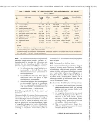 PART 8 BUILDING SERVICES — SECTION 1 LIGHTING AND NATURAL VENTILATION 31
following steps may be followed for using Fig. 3 for
determining the number of fluorescent tubes required
for supplementary daylighting.
a) Determine fenestration percentage of the floor
area, that is,
Window area
100
Floor area
×
b) In Fig. 3, refer to the curve corresponding to
the percent fenestration determined above and
the set of reflectances of ceiling, walls and
floor actually provided.
c) For the referred curve of Fig. 3 read, along
the ordinate, the number of 40 W fluorescent
tubes required, corresponding to the given
floor area on the abscissa.
4.3.4 For detailed information on the design aspects
and principles of artificial lighting, reference may be
made to good practice [8-1(2)].
4.3.5 For specific requirements for lighting of special
occupancies and areas, reference may be made to good
practice [8-1(5)].
4.3.6 Electrical installation aspect for artificial lighting
shall be in accordance with Part 8 ‘Building Services,
Section 2 Electrical and Allied Installations’ of the
Code.
4.4 Energy Conservation in Lighting
4.4.1 A substantial portion of the energy consumed on
lighting may be saved by utilization of daylight and
rational design of supplementary artificial lights.
4.4.2 Daytime use of artificial lights may be minimised
by proper design of windows for adequate daylight
indoors. Daylighting design should be according to 4.2.
4.4.3 Fenestration expressed as percentage of floor area
required for satisfactory visual performance of a few
tasks for different separation to height (S/H) ratio of
external obstructions such as opposite buildings may
be obtained from the design nomogram (see Fig. 4).
The obstructions at a distance of three times their height
or more (S/H 3) from a window façade are not
significant and a window facing such an obstruction
may be regarded as a case of unobstructed window.
4.4.3.1 The nomogram consists of horizontal lines
indicating fenestration percentage of floor area and
vertical lines indicating the separation to height ratio
of external obstructions such as opposite buildings. Any
vertical line for separation to height ratio other than
already shown in the nomogram (1.0, 2.0 and 3.0) may
be drawn by designer, if required. For cases where there
is no obstruction, the ordinate corresponding to the
value 3.0 may be used. The value of percentage
fenestration and separation to height ratio are marked
on left hand ordinate and abscissa, respectively. The
illumination levels are marked on the right hand
ordinate. The values given within brackets are the
illumination levels on the work plane at center and rear
of the room. The wattage of fluorescent tubes required
per m2
of the floor area for different illumination levels
is shown on each curve.
4.4.3.2 Following assumptions have been made in the
construction of the nomogram:
a) An average interior finish with ceiling white,
walls off white and floor grey has been
assumed.
b) Ceiling height of 3 m, room depths up to 10 m
and floor area between 30 m2
and 50 m2
have
been assumed. For floor area beyond 50 m2
and less than 30 m2
, the values of percent
fenestration as well as wattage per m2
should
be multiplied by a factor of 0.85 and 1.15,
respectively.
c) It is assumed that windows are of metallic
sashes with louvers of width up to 600 mm or
a Chhajja (balcony projection) at ceiling level
of width up to 2.0 m. For wooden sashes, the
window area should be increased by a factor
of about 1.1.
d) Luminaires emanating more light in the
downward direction than upward direction
(such as reflectors with or without diffusing
plastics) and mounted at a height of 1.5 m to
2.0 m above the work plane have been
considered.
4.4.3.3 Method of use
The following steps shall be followed for the use of
nomogram:
a) Step 1 — Decide the desired illumination level
depending upon the task illumination
requirement in the proposed room and read
the value of watts per m2
on the curve
corresponding to the required illumination
level.
b) Step 2 — Fix the vertical line corresponding
to the given separation to height ratio of
opposite buildings on the abscissa. From the
point of intersection of this vertical line and
the above curve move along horizontal, and
read the value of fenestration percent on the
left hand ordinate.
c) Step 3 — If the floor area is greater than 50 m2
or if it is less than 30 m2
, the value of watt per
m2
as well as fenestration percent may be
easily determined for adequate daylighting
and supplemental artificial lighting for design
Supplied
by
Book
Supply
Bureau
Under
the
License
from
BIS
for
LARSEN
AND
TOUBRO
CONSTRUCTION
-
MANAPAKKAM,
CHENNAI
ON
17-03-2017
09:00:59
(123.63.24.35)
valid
upto31-12-2017
ook Supply Bureau Under the License from BIS for LARSEN AND TOUBRO CONSTRUCTION - MANAPAKKAM, CHENNAI ON 17-03-2017 09:00:59 (123.63.24.35) valid up
 
