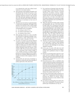 38 NATIONAL BUILDING CODE OF INDIA 2016
wind speeds are given in Table 9. These are applicable
to sedentary work in offices and other places having
no noticeable sources of heat gain. Where somewhat
warmer conditions are prevalent, such as in godowns
and machine shops and work is of lighter intensity, and
higher temperatures can be tolerated without much
discomfort, minimum wind speeds for just acceptable
warm conditions are given in Table 10. For obtaining
values of indoor wind speed above 2.0 m/s, mechanical
means of ventilation may have to be adopted (see also
Part 8 ‘Building Services, Section 3 Air Conditioning,
Heating and Mechanical Ventilation’ of the Code).
The warmth of the environment was found tolerable
between 30°C and 34°C (TSI), and too hot above this
limit. On the lower side, the coolness of the environment
was found tolerable between 19°C and 25°C (TSI) and
below 19°C (TSI), it was found too cold.
Table 9 Desirable Wind Speeds (m/s) for
Thermal Comfort Conditions
(Clause 5.2.3.1.2)
Relative Humidity
Percent
Sl.
No.
Dry Bulb
Temperature
°C
30 40 50 60 70 80 90
(1) (2) (3) (4) (5) (6) (7) (8) (9)
i) 28 1) 1) 1) 1) 1) 1) 1)
ii) 29 1) 1) 1) 1) 1)
0.06 0.19
iii) 30 1) 1) 1)
0.06 0.24 0.53 0.85
iv) 31 1)
0.06 0.24 0.53 1.04 1.47 2.10
v) 32 0.20 0.46 0.94 1.59 2.26 3.04 2)
vi) 33 0.77 1.36 2.12 3.00 2) 2) 2)
vii) 34 1.85 2.72 2) 2) 2) 2) 2)
viii) 35 3.20 2) 2) 2) 2) 2) 2)
1)
None.
2)
Higher than those acceptable in practice.
Table 10 Minimum Wind Speeds (m/s) for Just
Acceptable Warm Conditions
(Clause 5.2.3.1.2)
Relative Humidity
Percent
Sl
No.
Dry Bulb
Temperature
°C 30 40 50 60 70 80 90
(1) (2) (3) (4) (5) (6) (7) (8) (9)
i) 28 1) 1) 1) 1) 1) 1) 1)
ii) 29 1) 1) 1) 1) 1) 1) 1)
iii) 30 1) 1) 1) 1) 1) 1) 1)
iv) 31 1) 1) 1) 1) 1)
0.06 0.23
v) 32 1) 1) 1)
0.09 0.29 0.60 0.94
vi) 33 1)
0.04 0.24 0.60 1.04 1.85 2.10
vii) 34 0.15 0.46 0.94 1.60 2.26 3.05 2)
viii) 35 0.68 1.36 2.10 3.05 2) 2) 2)
ix) 36 1.72 2.70 2) 2) 2) 2) 2)
1)
None.
2)
Higher than those acceptable in practice.
5.2.3.1.3 Adaptive thermal comfort
For details on adaptive thermal comfort, reference shall
be made to Part 8 ‘Building Services, Section 3 Air
Conditioning, Heating and Mechanical Ventilation’ of
this Code.
5.2.3.2 There will be a limit of heat tolerance when air
temperatures are excessive and the degree of physical
activity is high. This limit is determined when the bodily
heat balance is upset, that is, when the bodily heat gain
due to conduction, convection and the radiation from
the surroundings exceeds the bodily heat loss, which is
mostly by evaporation of sweat from the surface of the
body. The limits of heat tolerance for Indian workers
are based on the study conducted by the Chief Adviser
Factories, Government of India, Ministry of Labour
and are given in his report on Thermal Stress in Textile
Industry (Report No. 17) issued in 1956. According to
this Report, where workers in industrial buildings
wearing light clothing are expected to do work of
moderate severity with the energy expenditure in the
range 273 to 284 W, the maximum wet bulb temperature
shall not exceed 29°C and adequate air movement
subject to a minimum air velocity of 30 m/min shall be
provided, and in relation to the dry bulb temperature,
the wet bulb temperature of air in the work room, as
far as practicable, shall not exceed that given in
Table 11.
Table 11 Maximum Permissible Wet Bulb
Temperatures for Given Dry Bulb Temperatures
(Clause 5.2.3.2)
Sl
No.
Dry Bulb
Temperature
°C
Maximum Wet-Bulb
Temperature
°C
(1) (2) (3)
i) 30 29.0
ii) 35 28.5
iii) 40 28.0
iv) 45 27.5
v) 50 27.0
NOTES
1 These are limits beyond which the industry should not allow
the thermal conditions to go for more than 1h continuously.
The limits are based on a series of studies conducted on Indian
subjects in psychrometric chamber and on other data on heat
casualties in earlier studies conducted in Kolar Gold Fields and
elsewhere.
2 Figures given in this table are not intended to convey that
human efficiency at 50°C will remain the same as at 30°C,
provided appropriate wet bulb temperatures are maintained.
Efficiency decreases with rise in the dry bulb temperature as
well, as much as possible. Long exposures to temperature of
50°C dry bulb/27°C wet bulb may prove dangerous.
3 Refrigeration or some other method of cooling is
recommended in all cases where conditions would be worse
than those shown in this table.
Supplied
by
Book
Supply
Bureau
Under
the
License
from
BIS
for
LARSEN
AND
TOUBRO
CONSTRUCTION
-
MANAPAKKAM,
CHENNAI
ON
17-03-2017
09:00:59
(123.63.24.35)
valid
upto31-12-2017
ook Supply Bureau Under the License from BIS for LARSEN AND TOUBRO CONSTRUCTION - MANAPAKKAM, CHENNAI ON 17-03-2017 09:00:59 (123.63.24.35) valid up
 