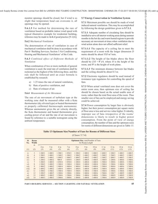 42 NATIONAL BUILDING CODE OF INDIA 2016
FIG. 7 L-TYPE LOUVER
15) Roof overhangs help promoting air motion in
the working zone inside buildings.
16) In case of room with windows on one wall,
with single window, the room wind velocity
inside the room on the windward side is
10 percent of outdoor velocity at points up to
a distance of one-sixth of room width from the
window and then decreases rapidly and hardly
any air movement is produced in the leeward
half portion of the room. The average indoor
wind velocity is generally less than 10 percent
of outdoor velocity. When two windows are
provided and wind impinges obliquely on
them, the inside velocity increases up to
15 percent of the outdoor velocity.
17) Cross ventilation can be obtained through one
side of the building to the other, in case of
narrow buildings with the width common in
the multistoreyed type by the provision of
large and suitably placed windows or
combination of windows and wall ventilators
for the inflow and outflow of air.
18) Verandah open on three sides is to be preferred
since it causes an increase in the room air
motion for most of the orientations of the
building with respect to the outdoor wind.
19) A partition placed parallel to the incident wind
has little influence on the pattern of the air
flow, but when located perpendicular to the
main flow, the same partition creates a wind
shadow. Provision of a partition with spacing
of 0.3 m underneath helps augmenting air
motion near floor level in the leeward
compartment of wide span buildings.
20) Air motion in a building unit having windows
tangential to the incident wind is accelerated
when another unit is located at end-on position
on downstream side (see Fig. 9).
21) Air motion in two wings oriented parallel to
theprevailingbreezeispromotedbyconnecting
them with a block on downstream side.
FIG. 8 SKETCH OF A PELMET TYPE WIND DEFLECTOR
Supplied
by
Book
Supply
Bureau
Under
the
License
from
BIS
for
LARSEN
AND
TOUBRO
CONSTRUCTION
-
MANAPAKKAM,
CHENNAI
ON
17-03-2017
09:00:59
(123.63.24.35)
valid
upto31-12-2017
ook Supply Bureau Under the License from BIS for LARSEN AND TOUBRO CONSTRUCTION - MANAPAKKAM, CHENNAI ON 17-03-2017 09:00:59 (123.63.24.35) valid up
 
