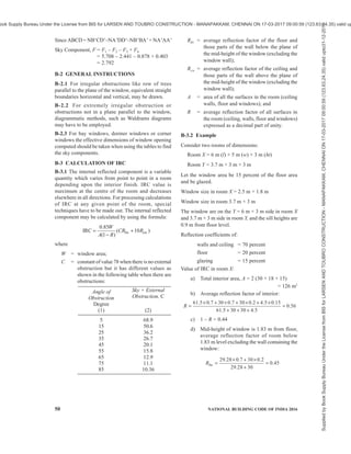 PART 8 BUILDING SERVICES — SECTION 1 LIGHTING AND NATURAL VENTILATION 47
Table 14 Solar Heat Gained Due to Orientation of Buildings
(Clause A-2.1.3)
8° N THIRUVANANTHAPURAM 13° N CHENNAI
May 16 Dec 22 May 16 Dec 22
North 2 177 × A = 2 177A — 1 625 × A = 1 625A —
East 2 618 × 2A = 5 236A 2 177 × 2A = 4 354A 2 697 × 2A = 5 394A 2 019 × 2A = 4 038A
South — 4 164 × A = 4 164A — 4 385 × A = 4 385A
1.
West 2 618 × 2A = 5 236A 2 177 × 2A = 4 354A 2 697 × 2A = 5 394A 2 019 × 2A = 4 038A
Total 12 649A 12 872A 12 413A 12 461A
NE 2 650 × A = 2 650A 410 × A = 410A 2 492 × A = 2 492A 315 × A = 315A
SE 1 167 × 2A = 2 334A 3 391 × 2A = 6 782A 1 341 × 2A = 2 682A 3 423 × 2A = 6 846A
SW 1 167 × 2A = 2 334A 3 391 × A = 3 391A 1 341 × A = 1 341A 3 423 × A = 3 423A
2.
NW 2 650 × 2A = 5 300A 410 × 2A = 820A 2 492 × A = 4 984A 315 × 2A = 630A
Total 12 618A 11 403A 11 499A 11 214A
North 2 177 × 2A = 4 354A — 1 625 × 2A = 3 250A —
East 2 618 × A = 2 618A 2 177 × A = 2 177A 2 697 × A = 2 697A 2 019 × A = 2 019A
South — 4 164 × 2A = 8 328A — 4 385 × 2A = 8 770A
3.
West 2 618 × A = 2 618A 2 177 × A = 2 177A 2 697 × A = 2 697A 2 019 × A = 2 019A
Total 9 590A 12 602A 8 644A 12 808A
NE 2 650 × 2A = 5 300A — 2 492 × A = 4 984A 315 × 2A = 630A
SE 1 167 × A = 1 167A 2 177 × A = 2 177A 1 341 × A = 1 341A 3 423 × A = 3 423A
SW 1 167 × 2A = 2 334A 4 164 × 2A = 8 328A 1 341 × 2A = 2 682A 3 423 × 2A = 6 846A
4.
NW 2 650 × A = 2 650A 2 177 × A = 2 177A 2 492 × A = 2 492A 315 × A = 315A
Total 11 451A 12 682A 11 499A 11 214A
19° N MUMBAI 23° N KOLKATA
May 16 Dec 22 May 16 Dec 22
North 962 × A = 962A — 741 × A = 741A —
East 2 795 × 2A = 5 590A 1 830 × 2A = 3 660A 2 871 × 2A = 5 742A 1 703 × 2A = 3 406A
South — 4 574 × A = 4 574A 205 × A = 205A 4 637 × A = 4 637A
1.
West 2 795 × 2A = 5 590A 1 830 × 2A = 3 660A 2 871 × 2A = 5 742A 1 703 × 2A = 3 406A
Total 12 142A 11 894A 12 430A 11 449A
NE 2 255 × A = 2 255A 237 × A = 237A 2 192 × A = 2 192A 173 × A = 173A
SE 1 640 × 2A = 3 280A 3 438 × 2A = 6 876A 1 845 × 2A = 3 690A 3 454 × 2A = 6 908A
SW 1 640 × A = 1 640A 3 438 × A = 3 438A 1 845 × A = 1 845A 3 454 × A = 3 454A
2.
NW 2 255 × 2A = 4 510A 237 × 2A = 474A 2 192 × 2A = 4 384A 173 × 2A = 346A
Total 11 685A 11 025A 12 111A 10 881A
North 962 × 2A = 1 924A — 741 × 2A = 1 482A —
East 2 795 × A = 2 795A 1 830 × A = 1 830A 2 871 × A = 2 871A 1 703 × A = 1 703A
South — 4 574 × 2A = 9 148A 205 × 2A = 410A 4 637 × 2A = 9 274A
3.
West 2 795 × A = 2 795A 1 830 × A = 1 830A 2 871 × A = 2 871A 1 703 × A = 1 703A
Total 7 514A 12 808A 7 634A 12 680A
NE 2 255 × 2A = 4 510A 237 × 2A = 474A 2 192 × 2A = 4 384A 173 × 2A = 346A
SE 1 640 × A = 1 640A 3 438 × A = 3 438A 1 845 × A = 1 845A 3 454 × A = 3 454A
SW 1 640 × 2A = 3 280A 3 438 × 2A = 6 876A 1 845 × 2A = 3 690A 3 454 × 2A = 6 908A
4.
NW 2 255 × A = 2 255A 237 × A = 237A 2 192 × A = 2 192A 173 × A = 173A
Total 11 685A 11 025A 12 111A 10 881A
Supplied
by
Book
Supply
Bureau
Under
the
License
from
BIS
for
LARSEN
AND
TOUBRO
CONSTRUCTION
-
MANAPAKKAM,
CHENNAI
ON
17-03-2017
09:00:59
(123.63.24.35)
valid
upto31-12-2017
ook Supply Bureau Under the License from BIS for LARSEN AND TOUBRO CONSTRUCTION - MANAPAKKAM, CHENNAI ON 17-03-2017 09:00:59 (123.63.24.35) valid up
 