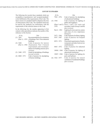 52
NATIONAL
BUILDING
CODE
OF
INDIA
2016
Table 15 Percentage Sky Components on the Horizontal Plane Due to a Vertical
Rectangular Opening for the Clear Design Sky
(Clauses B-1.1 and B-1.6.2)
l/d
h/d
0.1 0.2 0.3 0.4 0.5 0.6 0.7 0.8 0.9 1.0 1.1 1.2 1.3 1.4 1.5 1.6 1.7 1.8 1.9 2.0 3.0 4.0 5.0 10.0 INF
(1) (2) (3) (4) (5) (6) (7) (8) (9) (10) (11) (12) (13) (14) (15) (16) (17) (18) (19) (20) (21) (22) (23) (24) (25) (26)
0.1 0.036 0.071 0.104 0.133 0.158 0.179 0.198 0.213 0.225 0.235 0.243 0.250 0.256 0.261 0.264 0.268 0.270 0.272 0.274 0.276 0.284 0.286 0.287 0.288 0.288
0.2 0.141 0.277 0.403 0.516 0.614 0.699 0.770 0.829 0.878 0.918 0.950 0.977 0.999 1.018 1.033 1.046 1.056 1.065 1.072 1.079 1.110 1.118 1.122 1.125 1.125
0.3 0.300 0.589 0.859 1.102 1.315 1.499 1.653 1.782 1.888 1.976 2.048 2.108 2.157 2.197 2.231 2.259 2.282 2.302 2.318 2.333 2.401 2.421 2.429 2.436 2.437
0.4 0.460 0.905 1.322 1.702 2.041 2.337 2.590 2.804 2.984 3.134 3.258 3.361 3.446 3.516 3.574 3.623 3.664 3.699 3.728 3.753 3.873 3.909 3.922 3.935 3.937
0.5 0.604 1.189 1.741 2.247 2.700 3.099 3.444 3.740 3.992 4.204 3.383 4.553 4.659 4.765 4.853 4.928 4.990 5.043 5.088 5.126 5.312 5.366 5.387 5.408 5.410
0.6 0.732 1.443 2.114 2.732 3.289 3.781 4.211 4.582 4.900 5.171 5.401 5.596 5.761 5.901 6.020 6.121 6.208 6.281 6.344 6.397 6.661 6.739 6.769 6.798 6.802
0.7 0.844 1.665 2.441 3.159 3.808 4.385 4.891 5.330 5.708 6.034 6.311 6.548 6.751 6.924 7.071 7.198 7.307 7.400 7.481 7.551 7.902 8.006 8.047 8.087 8.092
0.8 0.942 1.858 2.727 3.532 4.262 4.914 5.488 5.989 6.423 6.798 7.119 7.395 7.632 7.836 8.011 8.162 8.292 8.405 8.502 8.587 9.029 9.164 9.217 9.268 9.276
0.9 1.026 2.025 2.974 3.855 4.657 5.375 6.011 6.567 7.051 7.470 7.832 8.144 8.413 8.645 8.846 9.019 9.170 9.301 9.415 9.515 10.045 10.214 10.280 10.345 10.355
1.0 1.099 2.169 3.188 4.135 5.000 5.776 6.465 7.071 7.600 8.060 8.458 8.803 9.102 9.361 9.585 9.780 9.950 10.098 10.228 10.343 10.957 11.162 11.243 11.323 11.335
1.1 1.161 2.294 3.372 4.377 5.296 6.124 6.861 7.510 8.079 8.576 9.008 9.383 9.709 9.992 10.239 10.454 10.642 10.806 10.951 11.078 11.776 12.017 12.114 12.209 12.224
1.2 1.215 2.401 3.531 4.586 5.553 6.425 7.204 7.893 8.498 9.027 9.489 9.892 10.243 10.549 10.816 11.050 11.254 11.434 11.593 11.732 12.509 12.786 12.900 13.013 13.030
1.3 1.262 2.493 3.668 4.767 5.775 6.687 7.503 8.226 8.863 9.422 9.912 10.339 10.713 11.040 11.326 11.577 11.797 11.992 12.163 12.314 13.167 13.478 13.609 13.742 13.762
1.4 1.302 2.573 3.787 4.924 5.968 6.915 7.764 8.517 9.183 9.769 10.283 10.733 11.127 11.473 11.777 12.044 12.279 12.487 12.670 12.833 13.758 14.102 14.251 14.404 14.427
1.5 1.337 2.643 3.891 5.060 6.136 7.114 7.991 8.772 9.664 10.073 10.609 11.080 11.493 11.857 12.176 12.458 12.707 12.927 13.122 13.295 14.289 14.666 14.832 15.006 15.033
1.6 1.367 2.703 3.981 5.179 6.283 7.287 8.190 8.996 9.710 10.341 10.897 11.386 11.817 12.196 12.531 12.826 13.088 13.319 13.525 13.708 14.768 15.176 15.359 15.555 15.585
1.7 1.394 2.756 4.060 5.283 6.412 7.440 8.366 9.192 9.927 10.577 11.151 11.657 12.104 12.498 12.846 13.154 13.427 13.669 13.885 14.078 15.199 15.638 15.838 16.056 16.091
1.8 1.417 2.803 4.129 5.375 6.526 7.574 8.520 9.366 10.119 10.786 11.376 11.898 12.359 12.766 13.127 13.446 13.730 13.983 14.208 14.409 15.590 16.058 16.274 16.516 16.554
1.9 1.438 2.844 4.190 5.456 6.626 7.693 8.656 9.520 10.289 10.972 11.577 12.112 12.587 13.006 13.378 13.708 14.002 14.264 14.498 14.707 15.944 16.441 16.673 16.937 16.980
2.0 1.456 2.880 4.244 5.527 6.714 7.798 8.778 9.656 10.440 11.137 11.755 12.303 12.789 13.220 13.603 13.943 14.246 14.516 14.758 14.975 16.265 16.790 17.037 17.325 17.372
3.0 1.559 3.087 4.553 5.937 7.223 8.403 9.478 10.448 11.321 12.103 12.804 13.431 13.993 14.496 14.947 15.353 15.718 16.048 16.346 16.676 18.301 19.051 19.432 19.943 20.046
4.0 1.600 3.168 4.676 6.100 7.426 8.646 9.759 10.768 11.678 12.498 13.235 13.897 14.493 15.030 15.514 15.951 16.347 16.706 17.033 17.330 19.241 20.142 20.623 21.322 21.495
5.0 1.620 3.208 4.735 6.179 7.525 8.765 9.897 10.925 11.854 12.693 13.448 14.128 14.742 15.296 15.798 16.252 16.664 17.040 17.382 17.695 19.740 20.740 21.293 22.148 22.393
10.0 1.648 3.263 4.818 6.289 7.662 8.930 10.089 11.144 12.100 12.965 13.747 14.454 15.094 15.674 16.201 16.681 17.118 17.518 17.885 18.222 20.491 21.681 22.390 23.676 24.238
INF 1.657 3.282 4.846 6.327 7.710 8.986 10.155 11.220 12.186 13.060 13.851 14.567 15.217 15.806 16.342 16.831 17.278 17.688 18.064 18.410 20.770 22.046 22.838 24.463 26.111
ok
Supply
Bureau
Under
the
License
from
BIS
for
LARSEN
AND
TOUBRO
CONSTRUCTION
-
MANAPAKKAM,
CHENNAI
ON
17-03-2017
09:00:59
(123.63.24.35)
valid
u
Supplied by Book Supply Bureau Under the License from BIS for LARSEN AND TOUBRO CONSTRUCTION - MANAPAKKAM, CHENNAI ON 17-03-2017 09:00:59 (123.63.24.35) valid upto31-12-2017
 