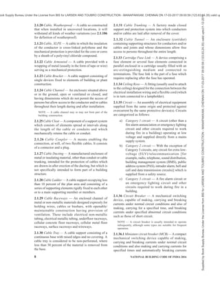 PART 8 BUILDING SERVICES — SECTION 2 ELECTRICAL AND ALLIED INSTALLATIONS 5
All standards, whether given herein above or cross-referred to in the main text of this Section, are subject to
revision. The parties to agreement based on this Section are encouraged to investigate the possibility of applying
the most recent editions of the standards.
For the purpose of deciding whether a particular requirement of this Section is complied with, the final value,
observed or calculated, expressing the result of a test or analysis, shall be rounded off in accordance with IS 2 : 1960
‘Rules for rounding off numerical values (revised)’. The number of significant places retained in the rounded off
value should be the same as that of the specified value in this Section of the Code.
Supplied
by
Book
Supply
Bureau
Under
the
License
from
BIS
for
LARSEN
AND
TOUBRO
CONSTRUCTION
-
MANAPAKKAM,
CHENNAI
ON
17-03-2017
09:00:59
(123.63.24.35)
valid
upto31-12-2017
ook Supply Bureau Under the License from BIS for LARSEN AND TOUBRO CONSTRUCTION - MANAPAKKAM, CHENNAI ON 17-03-2017 09:00:59 (123.63.24.35) valid up
 