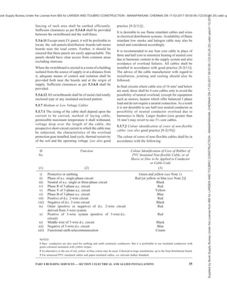 32 NATIONAL BUILDING CODE OF INDIA 2016
5.3.3.2 All HV cables shall be installed in accordance
with good practice [8-2(15)]. The HV cables shall either
be laid on the cable rack/built-up concrete trenches/
tunnel/basement or directly buried in the ground
depending upon the specific requirement. When HV
cable is hanging/running below the basement ceiling
slab, the cable shall be laid in a fire rated enclosure/
cable tray. The advice of the cable manufacturer with
regard to installation, jointing and sealing should also
be followed.
5.3.4 High Voltage Bus Bar Trunking/Ducting
HV bus bar system is used for transporting power
between HV generators, transformers and the infeed
main switchgear of the main HV switchgear.
Generally three types of bus ducts, namely non-
segregated, segregated and isolated phase bus duct
are used. The non-segregated bus ducts consist of three
phase bus bars running in a common enclosure made
of steel or aluminium. The enclosure shall provide
safety for the operational personnel and shall reduce
chances of faults. HV interconnecting bus bar trunking
for a.c. voltage above 1 kV up to and including 36 kV
shall conform to accepted standard [8-2(16)]. The
enclosures shall be effectively grounded.
Segregated phase bus ducts are similar to non-
segregated phase ducts except that metal or isolation
barriers are provided between phase conductors to
reduce chances of phase to phase faults. However, it is
preferable to use metal barriers.
In the case of isolated bus ducts, each phase conductor
shall be housed in a separate non-magnetic enclosure.
The bus duct shall be made of sections which are
assembled together at site to make complete assembly.
The enclosure shall be of either round or square shape
and welded construction. The enclosures of all phases
in general should be supported on a common steel
structure.
Seismic supports shall be provided for busbar trunking
having continuous straight lengths of more than 24 m
at a single stretch.
The bus duct system shall be coordinated with
connecting switchgear so as to provide adequate
protection.
When busbar trunking is crossing different fire
compartments, they shall have fire barriers of same
rating as that of the compartment (see also Part 4 ‘Fire
and Life Safety’ of the Code).
5.3.5 Transformers
5.3.5.1 General design objective while selecting the
transformer(s) for a substation should be to provide at
least two or more transformers, so that a certain amount
of redundancy is built in, even if a standby system is
provided. The total installed transformer capacity shall
be at least 15 to 20 percent higher than the anticipated
maximum demand. With growing emphasis on energy
conservation, the system design is made for both
extremes of loading. During the periods of lowest load
in the system, it would be desirable to operate only one
transformer and to subsequently switch on the
additional transformers as the load increases during the
day. Total transformer capacity is generally selected
on the basis of present load, possible future load,
operation and maintenance cost and other system
conditions. The selection of the maximum size
(capacity) of the transformer is guided by the short-
circuit making and breaking capacity of the switchgear
used in the medium voltage distribution system.
Maximum size limitation is important from the aspect
of feed to a downstream fault. The transformers shall
conform to accepted standards [8-2(17)] and other
relevant Indian Standards.
5.3.5.2 For reasons of reliability and redundancy it is
normal practice to provide at least two transformers
for any important installation. Interlinking by tie lines
is an alternative to enhance reliability/redundancy in
areas where there are a number of substations in close
vicinity, such as a campus with three or four multi-
storeyed blocks, each with a substation. Ring main type
of distribution is preferred for complexes having a
number of substations.
5.3.6 Medium or Low Voltage Switchgear and
Controlgear and their Assemblies
5.3.6.1 The selection of the type of medium or low
voltage switchgear for any installation inter alia
depends upon the following:
a) Voltage of the distribution system;
b) Prospective circuit current at the point at
which the switchgear is proposed;
c) Prospective short-circuit current at which the
switchgear is proposed;
d) Accommodation available; and
e) Nature of industry.
The switchgear and controlgear and their assemblies
so selected shall comply with the relevant accepted
standards [8-2(18)], other relevant Indian Standards,
IEC 61439 (Part 1) : 2011 ‘Low-voltage switchgear and
controlgear assemblies — Part 1: General rules’ (under
publication as adopted Indian Standard) and IEC 61439
(Part 2): 2011 ‘Low-voltage switchgear and controlgear
assemblies — Part 2: Power switchgear and controlgear
assemblies’ (under publication as adopted Indian
Standard).
5.3.6.2 Switchgear (and its protective device) shall
Supplied
by
Book
Supply
Bureau
Under
the
License
from
BIS
for
LARSEN
AND
TOUBRO
CONSTRUCTION
-
MANAPAKKAM,
CHENNAI
ON
17-03-2017
09:00:59
(123.63.24.35)
valid
upto31-12-2017
ook Supply Bureau Under the License from BIS for LARSEN AND TOUBRO CONSTRUCTION - MANAPAKKAM, CHENNAI ON 17-03-2017 09:00:59 (123.63.24.35) valid up
 