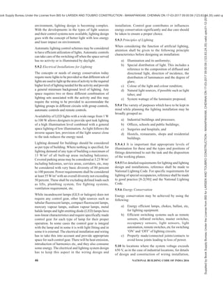 PART 8 BUILDING SERVICES — SECTION 2 ELECTRICAL AND ALLIED INSTALLATIONS 43
NOTE — The design of the wiring system and the sizes of the
cables should be decided taking into account following factors:
a) Voltage drop — This should be kept below
6 percent to ensure proper functioning of all
electrical appliances and equipment including
motors;
b) Thermal limit based current carrying capacity
of the cable with appropriate derating factors
applicable to the installation conditions;
c) Capacity to withstand the let through fault
current based on the fault level and the
controlling switchgear disconnection
characteristics.
5.7 Rating of Cables and Equipment
5.7.1 The current-carrying capacity of different types
of cables shall be chosen in accordance with good
practice [8-2(28].
5.7.2 The current ratings of switches for domestic and
similar purposes are 6 A, 16 A, 20 A and 25 A.
5.7.3 The current ratings of isolators and normal duty
switches and composite units of switches and fuses shall
be selected from one of the following values:
16, 25, 32, 63, 100, 160, 200, 320, 400, 500, 630,
800, 1 000 and 1 250 A.
5.7.4 The ratings of rewireable and HRC fuses shall be
in accordance with good practice [8-2(29)].
5.7.5 The current ratings of miniature circuit-breakers
shall be chosen from the values given below:
6, 10, 16, 20, 25, 32, 40, 50, 63, 80, 100 and 125 A.
5.7.6 The current ratings of moulded case circuit
breakers shall be chosen from the values given below:
100, 125, 160, 200, 250, 315, 400, 630, 800, 1 000,
1 250 and 1 600A.
5.7.7 The current ratings of air circuit-breakers shall
be chosen from the values given below:
630, 800, 1 000, 1 250, 1 600, 2 000, 2 500, 3 200,
4 000A and 6 300 A.
5.7.8 The current ratings of the distribution fuse board
shall be selected from one of the following values:
6, 16, 25, 32, 63 and 100 A.
5.8 Installation Circuits
5.8.1 The nominal cross-sectional area of copper phase
conductors in a.c. circuits and of live conductors in
d.c. circuits shall be not less than the values specified
below:
Sl
No.
Type of Circuit Minimum
Copper Wire
Size
Number of Circuits
(1) (2) (3) (4)
i) Lighting 1.5 mm2
2 or more
ii) Socket-outlets, 6 A 2.5 mm2
Any number
Areas such as kitchens and laundries 3 × double
socket-outlets per circuit. Other areas up to 12
double socket-outlets
iii) Signaling and control circuits 0.5 mm2
(see Note 1)
—
iv) Socket-outlets, 16 A 2.5 mm2
1
v) Water heater  3 kW 2.5 mm2
1
vi) Heaters or electric equipment
more than or equal to 3 kW
4.0 mm2
1
vii) Free standing electric range
Separate oven and/or cook top
4.0 mm2
1
viii) Air conditioner  1.5 t 4.0 mm2
1
ix) Permanently connected
appliances including
dishwashers, heaters, etc
2.5 mm2
1 above 10 A. Up to 10 A can be wired as part
of a socket-outlet circuit
x) Appliance rated 3 kW6 kW 6.0 mm2
—
xi) Submains to garage or out-
building
2.5 mm2
1 for each
xii) Mains cable — It should be based on demand load/peaking
loads and future loading.
NOTE — In multi-core flexible cables containing 7 or more cores and in signalling control circuits intended for electronic equipment
a minimum nominal cross -sectional area of 0.1 mm 2
is permitted.
Supplied
by
Book
Supply
Bureau
Under
the
License
from
BIS
for
LARSEN
AND
TOUBRO
CONSTRUCTION
-
MANAPAKKAM,
CHENNAI
ON
17-03-2017
09:00:59
(123.63.24.35)
valid
upto31-12-2017
ook Supply Bureau Under the License from BIS for LARSEN AND TOUBRO CONSTRUCTION - MANAPAKKAM, CHENNAI ON 17-03-2017 09:00:59 (123.63.24.35) valid up
 