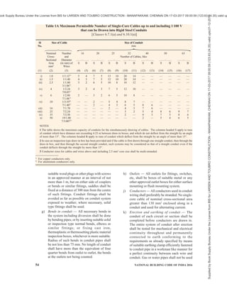 PART 8 BUILDING SERVICES — SECTION 2 ELECTRICAL AND ALLIED INSTALLATIONS 51
6.6.4 Every joint in a cable shall be provided with
insulation not less effective than that of the cable cores
and shall be protected against moisture and mechanical
damage. Soldering fluxes which remain acidic or
corrosive at the completion of the soldering operation
shall not be used.
For joints in paper-insulated metal-sheathed cables, a
wiped metal sleeve or joint box, filled with insulating
compound, shall be provided.
Where an aluminum conductor and a copper conductor
are joined together, precautions shall be taken against
corrosion and mechanical damage to the conductors.
6.6.5 Pull at Joints and Terminals
Every connection at a cable termination shall be made
by means of a terminal, soldering socket, or
compression type socket and shall securely contain and
anchor all the wires of the conductor, and shall not
impose any appreciable mechanical strain on the
terminal or socket.
Flexible cords shall be so connected to devices and to
fittings that tension is not transmitted to joints or
terminal screws. This shall be accomplished by a knot
in the cord, by winding with tape, by a special fitting
designed for that purpose, or by other approved means
which can prevent a pull on the cord from being directly
transmitted to joints or terminal screws.
6.7 Passing Through Walls and Floors
6.7.1 Where wires/cables are required to pass through
walls, care shall be taken to see that wires/cables pass
freely through protective pipe or box and that the wires
pass through in a straight line without any twist or cross
in wires.
One of the following methods shall be employed for
laying wires/cables:
a) Conduit wiring system (see 6.10) — The
conductor shall be carried either in a rigid steel
conduit or a rigid non-metallic conduit
conforming to accepted standards [8-2(33)].
The conduits shall be colour coded as per the
purpose of wire carried in the same. The
recommended colour coding may be in form
of bands of colour (100 mm thick, with centre
to centre distance of 300 mm) or coloured
throughout. The colour scheme may be as
follows:
Conduit Type Colour Scheme
Power conduit Black
Security conduit Blue
Fire alarm conduit Red
Low voltage conduit Brown
UPS conduit Green
Conduit wiring system shall comply with
accepted standards [8-2(34)]. The number of
insulated conductors that can be drawn into
rigid conduit is given in Tables 1 (see Table
1A for rigid steel conduits and Table 1B for
rigid non-metallic conduits).
b) Cable trunking/cable ways (see 6.11) — Cable
trunking/cable ways system should be used
when number of wires/small cable sizes to be
laid is more than the conduit capacity. Care
should be taken to have space in the trunking
system to minimize heating of wires and to
provide identification of the different circuits.
Cable trunking or ducting system shall comply
with accepted standards [8-2(35)].
c) Tray and ladder rack — As tray provides
continuous support, unless mounted on edge
or in vertical runs (when adequate strapping
or clipping is essential), the mechanical
strength of supported cable is not as important
as with ladder-racking or structural support
methods. Consequently, tray is eminently
suitable for the smaller unarmoured cabling
while ladder racks call for armoured cables
or larger unarmoured cables as they provide
the necessary strength to avoid sagging
between supports. Both tray and ladder racks
are provided with accessories to facilitate
changes of route, and they provide no
difficulty in this respect on vertical runs.
Cable tray/ladder racks and support systems
shall be installed in such a way that the
deflection between the spans shall be less than
1 percent of the span.
Power cables running in cable ladders both
horizontal and vertical shall be fixed with
proper clamps which can withstand the
mechanical force created on the cable in case
of short circuit current. The complete
installation consisting of cables, ladders,
clamps, ladder supports and fixtures shall also
withstand the mechanical force of short circuit
current. Only one layer of power cable shall
be laid in a ladder. The minimum space
between two cables shall be equal to the
diameter of the biggest cable.
Cable tray and ladder system shall comply
with IEC 61537:2006 ‘Cable management —
Cable tray systems and cable ladder systems’
(under publication as an adopted Indian
Standard).
6.7.2 Insulated conductors while passing through floors
shall be protected from mechanical injury by means of
rigid steel/non-metal conduit or by mechanical
protection up to a height not less than 1.5 m above the
Supplied
by
Book
Supply
Bureau
Under
the
License
from
BIS
for
LARSEN
AND
TOUBRO
CONSTRUCTION
-
MANAPAKKAM,
CHENNAI
ON
17-03-2017
09:00:59
(123.63.24.35)
valid
upto31-12-2017
ook Supply Bureau Under the License from BIS for LARSEN AND TOUBRO CONSTRUCTION - MANAPAKKAM, CHENNAI ON 17-03-2017 09:00:59 (123.63.24.35) valid up
 