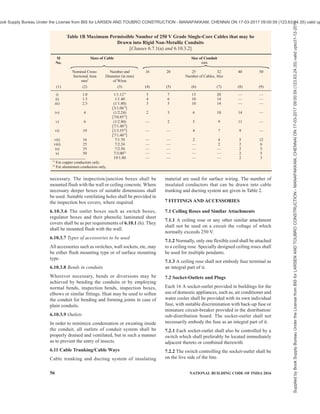 PART 8 BUILDING SERVICES — SECTION 2 ELECTRICAL AND ALLIED INSTALLATIONS 53
covered with sheet metal protective covering,
the base of which is made flush with the plaster
or brickwork, as the case may be, or the wiring
shall be drawn through a conduit complying
with all requirements of conduit wiring system
(see 6.10).
b) Such protective coverings shall in all cases
be fitted on all down-drops within 1.5 m from
the floor.
6.9.4 Bends in Wiring
The wiring shall not in any circumstances be bent so as
to form a right angle but shall be rounded off at the
corners to a radius not less than six times the overall
diameter of the cable.
6.9.5 Passing Through Floors
All cables taken through floors shall be enclosed in an
insulated heavy gauge steel conduit extending 1.5 m
above the floor and flush with the ceiling below, or by
means of any other approved type of metallic covering.
The ends of all conduits or pipes shall be neatly bushed
with porcelain, wood or other approved material.
6.9.6 Passing Through Walls
The method to be adopted shall be according to good
practice. There shall be one or more conduits of
adequate size to carry the conductors [see 6.10.1(a)].
The conduits shall be neatly arranged so that the cables
enter them straight without bending.
6.9.7 Stripping of Outer Covering
While cutting and stripping of the outer covering of
the cables, care shall be taken that the sharp edge of
the cutting instrument does not touch the rubber or
PVC-sheathed insulation of conductors. The protective
outer covering of the cables shall be stripped off near
connecting terminals, and this protective covering shall
be maintained up to the close proximity of connecting
terminals as far as practicable. Care shall be taken to
avoid hammering on link clips with any metal
instruments, after the cables are laid. Where junction
boxes are provided, they shall be made moisture-proof
with an approved plastic compound.
6.9.8 Painting
If so required, the tough rubber-sheathed wiring shall,
after erection, be painted with one coat of oil-less paint
or distemper of suitable colour over a coat of oil-less
primer, and the PVC-sheathed wiring shall be painted
with a synthetic enamel paint of quick drying type.
6.10 Conduit Wiring System
Conduit wiring system shall comply with accepted
standards [8-2(34)]. Requirements relating to conduit
wiring system with rigid steel and non-metallic conduits
shall be as per 6.10.1 to 6.10.3.
6.10.1 Surface Conduit Wiring System with Rigid Steel
Conduits
a) Type and size of conduit — All conduit pipes
shall conform to accepted standards [8-2(36)],
finished with galvanized or enamelled surface.
All conduit accessories shall be of threaded
type and under no circumstance pin grip type
or clamp type accessories be used. No steel
conduit less than 16 mm in diameter shall be
used. The number of insulated conductors that
can be drawn into rigid steel conduit is given
in Tables 1A.
b) Bunching of cables — Unless otherwise
specified, insulated conductors of a.c. supply
and d.c. supply shall be bunched in separate
conduits. For lighting and small power outlet
circuits phase segregation in separate conduits
is recommended.
c) Conduit joints — Conduit pipes shall be joined
by means of screwed couplers and screwed
accessories only [see 8-2(37)]. In long distance
straight runs of conduit, inspection type
couplers at reasonable intervals shall be
provided or running threads with couplers and
jam-nuts (in the latter case the bare threaded
portion shall be treated with anti-corrosive
preservative) shall be provided. Threaded on
conduit pipes in all cases shall be between 11
mm and 27 mm long sufficient to accommodate
pipes to full threaded portion of couplers or
accessories. Cut ends of conduit pipes shall
have no sharp edges or any burrs left to avoid
damage to the insulation of conductors while
pulling them through such pipes.
d) Protection against dampness — In order to
minimize condensation or sweating inside the
tube, all outlets of conduit system shall be
properly drained and ventilated, but in such a
manner as to prevent the entry of insects as
far as possible.
e) Protection of conduit against rust — The
outer surface of the conduit pipes, including
all bends, unions, tees, conduit system shall
be adequately protected against rust
particularly when such system is exposed to
weather. In all cases, no bare threaded portion
of conduit pipe shall be allowed unless such
bare threaded portion is treated with anti-
corrosive preservative or covered with suitable
plastic compound.
f) Fixing of conduit — Conduit pipes shall be
fixed by heavy gauge saddles, secured to
Supplied
by
Book
Supply
Bureau
Under
the
License
from
BIS
for
LARSEN
AND
TOUBRO
CONSTRUCTION
-
MANAPAKKAM,
CHENNAI
ON
17-03-2017
09:00:59
(123.63.24.35)
valid
upto31-12-2017
ook Supply Bureau Under the License from BIS for LARSEN AND TOUBRO CONSTRUCTION - MANAPAKKAM, CHENNAI ON 17-03-2017 09:00:59 (123.63.24.35) valid up
 