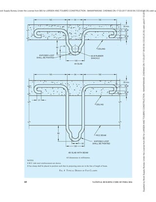PART 8 BUILDING SERVICES — SECTION 2 ELECTRICAL AND ALLIED INSTALLATIONS 57
7.2.3 Ordinary socket-outlet may be fixed at any
convenient place at a height above 200 mm from the
floor level and shall be away from danger of mechanical
injury.
NOTE — In situations where a socket-outlet is accessible to
children, it is necessary to install an interlocked plug and socket
or alternatively a socket-outlet which automatically gets
screened by the withdrawal of plug. In industrial premises
socket-outlet of rating 20 A and above shall preferably be
provided with interlocked type switch.
In case of public buildings, to facilitate operation of
switches/socket-outlets by persons with disabilities
and the elderly, these shall be installed at an accessible
height for reaching and operating, between 800 mm
and 1 100 mm above floor level and shall be located
at a minimum of 600 mm with a preference of
minimum 700 mm, from any internal corner (see also
B-7 of Part 3 ‘Development Control Rules and
General Building Requirements’ of the Code). They
shall be so fixed so as to be away from danger of
mechanical injury.
NOTE — As an exception, electrical wall socket outlets,
telephone points and TV sockets can be located at a minimum
height of 400 mm above floor level.
7.2.4 In an earthed system of supply, a socket-outlet
with plug shall be of three-pin or five-pin type with the
third or fifth terminal connected to the earth. When
such socket-outlets with plugs are connected to any
current consuming device of metal or any non-
insulating material or both, conductors connecting such
current-consuming devices shall be of flexible cord with
an earthing core and the earthing core shall be secured
by connecting between the earth terminal of plug and
the body of current-consuming devices.
In industrial premises three-phase and neutral socket-
outlets shall be provided with a earth terminal either of
pin type or scrapping type in addition to the main pins
required for the purpose.
7.2.5 In wiring installations for residential buildings,
metal clad switch, socket-outlet and plugs shall be used
for power wiring. For industrial and commercial
application socket outlets conforming to accepted
standards [8-2(25)] with suitable circuit breakers shall
be used.
NOTE — A recommended schedule of socket-outlets in a
residential building is given below:
Sl
No.
Location Number of
6 A Socket-
Outlets
Number of
16 A
Socket-
Outlets
(1) (2) (3) (4)
i) Bed room 2 to 6 2
ii) Living room 2 to 4 2
iii) Kitchen 2 to 8 2
iv) Dining room 2 to 4 2
v) Garage 1 1
vi) For refrigerator — 1
vii) For air conditioner — 1 for each
viii) Verandah 1 per
10 m2
1
ix) Bathroom 1 1
7.3 Lighting Fittings
7.3.1 A switch shall be provided for control of every
lighting fitting or a group of lighting fittings. Where
control at more than one point is necessary as many
two way or intermediate switches may be provided as
there are control points. See also 7.2.3.
7.3.2 In industrial premises, lighting fittings shall be
supported by suitable pipe/conduits, brackets fabricated
from structural steel, steel chains or similar materials
depending upon the type and weight of the fittings.
Table 2 Maximum Permissible Number of PVC Insulated 650/1 100 V Grade Aluminium/Copper Cable
Conforming to Accepted Standard [8-2(3)] that can be Drawn into Cable Trunking/Cable Ways
(Clause 6.11)
Sl
No.
Nominal Cross-
Sectional Area
of Conductor
mm2
10/15 mm ×
10 mm
20/15 mm ×
10 mm
25/15 mm ×
16 mm
32 mm ×
16 mm
40 mm ×
25 mm
40 mm ×
40 mm
(1) (2) (3) (4) (5) (6) (7) (8)
i) 1.5 3 5 6 8 12 18
ii) 2.5 2 4 5 6 9 15
iii) 4 2 3 4 5 8 12
iv) 6 — 2 3 4 6 9
v) 10 — 1 2 3 5 8
vi) 16 — — 1 2 4 6
vii) 25 — — — 1 3 5
viii) 35 — — — — 2 4
ix) 50 — — — — 1 3
x) 70 — — — — 1 2
Supplied
by
Book
Supply
Bureau
Under
the
License
from
BIS
for
LARSEN
AND
TOUBRO
CONSTRUCTION
-
MANAPAKKAM,
CHENNAI
ON
17-03-2017
09:00:59
(123.63.24.35)
valid
upto31-12-2017
ook Supply Bureau Under the License from BIS for LARSEN AND TOUBRO CONSTRUCTION - MANAPAKKAM, CHENNAI ON 17-03-2017 09:00:59 (123.63.24.35) valid up
 