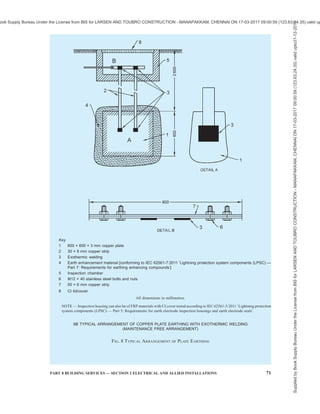 68 NATIONAL BUILDING CODE OF INDIA 2016
Key
1 a) CI pipe 100 mm ID (Min), 13 mm thick (Min)
b) GI pipe (class B)/MS Rod, 40 mm ID (Min)
2 Earth enhancement material [confirming to IEC 62561-7:2011 ‘Lightning protection system components (LPSC) —
Part 7: Requirements for earthing enhancing compounds’],
or sand, salt and charcoal
3 Inspection chamber
4 Universal stainless steel clamp,
or 50 × 3 mm GI strip
5 M10 bolts and nuts
6 Funnel (for maintenance/watering)
7 CI lid/cover
8 50 × 6 mm GI strip
All dimensions in millimetres.
NOTE — Inspection housing can also be of FRP materials with CI cover tested according to IEC 62561-5:2011 ‘Lightning protection
system components (LPSC) — Part 5: Requirements for earth electrode inspection housings and earth electrode seals’.
7A TYPICAL ARRANGEMENT OF EARTHING WITH PIPE ELECTRODE
(WITH MAINTENANCE ARRANGEMENT)
FIG. 7 — (Continued)
Supplied
by
Book
Supply
Bureau
Under
the
License
from
BIS
for
LARSEN
AND
TOUBRO
CONSTRUCTION
-
MANAPAKKAM,
CHENNAI
ON
17-03-2017
09:00:59
(123.63.24.35)
valid
upto31-12-2017
ook Supply Bureau Under the License from BIS for LARSEN AND TOUBRO CONSTRUCTION - MANAPAKKAM, CHENNAI ON 17-03-2017 09:00:59 (123.63.24.35) valid up
 