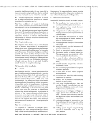70 NATIONAL BUILDING CODE OF INDIA 2016
Key
1 50 mm dia GI pipe for watering (maintenance)
2 a) 35 × 6 mm copper strip
b) 50 x 12 mm GI Strip
3 Inspection chamber
4 Funnel (for watering/maintenance)
5 Earth enhancement material [conforming to IEC 62561-7:2011 ‘Lightning protection system components (LPSC) —
Part 7: Requirements for earthing enhancing compounds’],
or sand, salt and charcoal
6 a) 600 × 600 × 3 mm copper plate
b) 600 × 600 × 6 mm GI plate
c) 1 200 × 1 200 × 12 mm CI plate
7 a) M12 × 40 brass bolts and nuts
b) M12 × 60 GI bolts and nuts
8 a) M10 × 30 brass bolts and nuts
b) M12 × 50 GI bolts and nuts
9 a) M12 × 40 brass bolts and nuts
b) M12 × 60 GI bolts and nuts
10 a) 35 × 6 copper strip
b) 50 × 12 mm GI strip
11 CI lid/cover
12 a) 25 × 4 mm copper strip for clamp
b) 50 × 12 mm GI copper strip for clamp
All dimensions in millimetres.
NOTE — Inspection housing can also be of FRP materials with CI cover, tested according to IEC 62561-5: 2011 ‘Lightning
protection system components (LPSC) — Part 5: Requirements for earth electrode inspection housings and earth electrode seals’.
8A TYPICAL ARRANGEMENT OF CI/GI/COPPER PLATE EARTHING (WITH MAINTENANCE ARRANGEMENT)
FIG. 8 — (Continued)
Supplied
by
Book
Supply
Bureau
Under
the
License
from
BIS
for
LARSEN
AND
TOUBRO
CONSTRUCTION
-
MANAPAKKAM,
CHENNAI
ON
17-03-2017
09:00:59
(123.63.24.35)
valid
upto31-12-2017
ook Supply Bureau Under the License from BIS for LARSEN AND TOUBRO CONSTRUCTION - MANAPAKKAM, CHENNAI ON 17-03-2017 09:00:59 (123.63.24.35) valid up
 