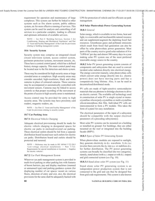 PART 8 BUILDING SERVICES — SECTION 2 ELECTRICAL AND ALLIED INSTALLATIONS 77
exists on this score, motor winding shall be dried out.
9.3.2.5 Wiring installation
The following tests shall be done:
a) The insulation resistance shall be measured
by applying between earth and the whole
system of conductor or any section thereof
with all fuses in place and all switches closed,
and except in earthed concentric wiring, all
lamps in position or both poles of installation
otherwise electrically connected together, a
d.c. voltage of not less than twice the working
voltage, provided that it does not exceed
500 V for medium voltage circuits. Where the
supply is derived from three-wire (a.c. or d.c.)
or a poly-phase system, the neutral pole of
which is connected to earth either direct or
through added resistance the working voltage
shall be deemed to be that which is maintained
between the outer or phase conductor and the
neutral.
b) The insulation resistance in mega-ohm of an
installation measured as in (a) shall be not less
than 50 divided by the number of points on
the circuit, provided that the whole installation
need not be required to have an insulation
resistance greater than one mega-ohm.
c) Control rheostats, heating and power
appliances and electric signs, may, if desired,
be disconnected from the circuit during the
test, but in that event the insulation resistance
between the case of framework, and all live
parts of each rheostat, appliance and sign shall
be not less than that specified in the relevant
Indian Standard specification or where there
is no such specification, shall be not less than
half a mega-ohm.
d) The insulation resistance shall also be
measured between all conductors connected
to one pole or phase conductor of the supply
and all the conductors connected to the middle
wire or to the neutral on to the other pole of
phase conductors of the supply. Such a test
shall be made after removing all metallic
connections between the two poles of the
installation and in these circumstances the
insulation resistance between conductors of
the installation shall be not less than that
specified in (b).
9.3.2.6 Completion certificate
On completion of an electrical installation (or an
extension to an installation) a certificate shall be
furnished by the contractor, counter-signed by the
certified supervisor under whose direct supervision the
installation was carried out. This certificate shall be in
a prescribed form as required by the local electric
supply authority. One such recommended form is given
in Annex G. This is a general form giving the minimum
basic requirements and the items in the form have to
be augmented keeping in view the features of the
particular equipment, system or installation and
environmental conditions of its operation.
9.3.2.7 Earthing
For checking the efficiency of earthing, the following
tests shall be done:
a) The earth resistance of each electrode shall
be measured.
b) Earth resistance of earthing grid shall be
measured.
c) All electrodes shall be connected to the grid
and the earth resistance of the entire earthing
system shall be measured.
These tests shall preferably be done during the summer
months.
9.4 Checklists covering basic minimum set of checks
for installation, handing over and commissioning of
typical equipment of a substation are given in Annex E
for general reference and use. Checklist for handing
over of earthing pits is given in Annex F for general
reference and use. For any installation, the proper
checklist should be developed keeping in view the type
of loads, quality of service, environmental conditions
and operating requirements of redundancy and
reliability.
10 ALLIED/MISCELLANEOUS SERVICES
Requirements relating to various allied services shall
be as per 10.1 to 10.9.
10.1 Telecommunication and Information and
Communication Technology Services
10.1.1 Telephone Services
10.1.1.1 House wiring of telephone subscribers in small
buildings may be on the surface of walls or desirably,
in a concealed manner through conduits. In large multi-
storeyed buildings intended for commercial, business
and office use as well as for residential purposes, wiring
for telephone connections should be done in a concealed
manner through conduits. The requirements of
telecommunication facilities like telephone
connections, private branch exchange and
intercommunication facilities, should be planned well
in advance so that suitable provisions are made in the
building plan in such a way that the demand for
telecommunication services in any part of the building
at any floor are met at any time during the life of the
building.
Supplied
by
Book
Supply
Bureau
Under
the
License
from
BIS
for
LARSEN
AND
TOUBRO
CONSTRUCTION
-
MANAPAKKAM,
CHENNAI
ON
17-03-2017
09:00:59
(123.63.24.35)
valid
upto31-12-2017
ook Supply Bureau Under the License from BIS for LARSEN AND TOUBRO CONSTRUCTION - MANAPAKKAM, CHENNAI ON 17-03-2017 09:00:59 (123.63.24.35) valid up
 