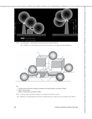 PART 8 BUILDING SERVICES — SECTION 2 ELECTRICAL AND ALLIED INSTALLATIONS 87
authorities throughout the design stages
(see also Note).
c) Agree the procedures for testing and future
maintenance {see good practice [8-2(47)]}.
NOTE — Modern buildings with electronic
equipment need protection from radiated surges of
lightning. To achieve this, structural steel of the
building is also sometimes used as a part of lightning
protection system {see good practice [8-2(47)]}. In
such cases, lightning protection measures shall be
included in the structural drawing, particularly for
foundation.
Table 5 Recommended LPL for Typical Buildings
(Clause 11.3.4)
Sl
No.
Application LPL
(1) (2) (3)
i) Computer data centres, military
applications, high rise hotels/hospitals,
nuclear power stations, airports,
essential services such as telecom
I
ii) Low rise hospitals/hotels, ex-zones in
the industry and chemical sector, fuel
retail outlets/gas stations/compressor
stations and similar installations
II
iii) Schools, banks, residential buildings,
temples, churches, mosques,
community halls, etc
III/IV
NOTE — Detailed risk assessment should be done before
execution.
11.4 Lightning Protection
11.5 Lightning Protection System (LPS)
The main and most effective measure for protection of
structures against physical damage is considered to be
the lightning protection system (LPS). It usually
consists of both external and internal lightning
protection systems.
An external LPS which consists of air-termination
system,down-conductorsystemandearthingsystem{see
good practice [8-2(45)] for details} is intended to,
a) intercept a lightning flash to the structure (with
an air-termination system),
b) conduct the lightning current safely towards
earth (using a down-conductor system), and
c) disperse the lightning current into the earth
(using an earth-termination system).
An internal LPS comprises equipotential bonding or a
separation distance (and hence electrical insulation)
between the external LPS components and other
electrically conducting elements internal to the
structure.
Both external and internal protection systems should
complement each other. Class of LPS denotes the
classification of an LPS according to the lightning
protection level for which it is designed. Four classes
of LPS (I, II, III and IV) are defined as a set of
construction rules, based on the corresponding LPL.
Each set includes level-dependent (for example, rolling
sphere radius, mesh width etc.) and level-independent
(for example, cross-sections, materials, etc)
construction rules {see good practice [8-2(47)]}.
Main protection measures against injury to living beings
due to touch and step voltages are intended to,
1) reduce the dangerous current flowing through
bodies by insulating exposed conductive parts,
and/or by increasing the surface soil
resistivity; and
2) reduce the occurrence of dangerous touch and
step voltages by physical restrictions and/or
warning notices.
The type and location of an LPS should be carefully
considered in the initial design of a new structure,
thereby enabling maximum advantage to be taken of
the electrically conductive parts of the structure. By
doing so, design and construction of an integrated
installation is made easier, the overall aesthetic aspects
can be improved, and the effectiveness of the LPS can
be increased at minimum cost and effort.
Access to the ground and the proper use of foundation
steelwork for the purpose of forming an effective earth-
termination may well be impossible once construction
work on a site has commenced. Therefore, soil
resistivity and the nature of the earth should be
considered at the earliest possible stage of a project.
This information is fundamental to the design of an
earth-termination system and may influence the
foundation design work for the structure.
Regular consultation between LPS designers and
installers, architects/civil engineer and builders is
essential in order to achieve the best result at minimum
cost. If lightning protection is to be added to an existing
structure, every effort should be made to ensure that it
conforms to the principles of this Code. The design of
the type and location of an LPS should take into account
the features of the existing structure.
11.5.1 Air-Termination System
11.5.1.1 Air-termination system is a part of an external
LPS using metallic elements such as rods, mesh
conductors or catenary wires intended to intercept
lightning flashes. The probability of penetration by a
lightning current on a structure is considerably
decreased by the presence of a properly designed air-
termination system. Air-termination systems can be
composed of any combination of the following
elements:
Supplied
by
Book
Supply
Bureau
Under
the
License
from
BIS
for
LARSEN
AND
TOUBRO
CONSTRUCTION
-
MANAPAKKAM,
CHENNAI
ON
17-03-2017
09:00:59
(123.63.24.35)
valid
upto31-12-2017
ook Supply Bureau Under the License from BIS for LARSEN AND TOUBRO CONSTRUCTION - MANAPAKKAM, CHENNAI ON 17-03-2017 09:00:59 (123.63.24.35) valid up
 