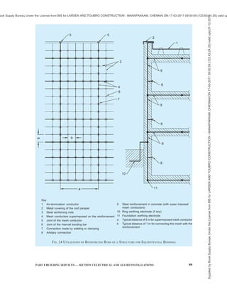96 NATIONAL BUILDING CODE OF INDIA 2016
electrode (or foundation earth electrode), the area
enclosed by the ring earth electrode (or foundation earth
electrode) shall be not less than the value of Type A
earthing as given in Table 11 {see also [8-2(45)]}.
11.5.3.3 In structures where only electrical systems are
provided, a Type A earthing arrangement may be used,
but a Type B earthing arrangement is preferable. In
structures with electronic systems, a Type B earthing
arrangement is recommended.
11.5.3.4 In industrial and commercial structures, the
ring earth electrode around the structure or the ring
earth electrode in the concrete at the perimeter of the
foundation, should be integrated with a meshed network
under and around the structure, having a mesh width
of typically 5 m. This greatly improves the performance
of the earth-termination system. If the basement’s
reinforced concrete floor forms a well-defined
interconnected mesh and is connected to the earth-
termination system, typically at every 5 m, the same
will also be suitable {see good practice [8-2(45)]}.
11.5.3.5 For buildings without steel reinforced
foundation (brickwork/stones) a Type B earth-
termination (ring earthing) shall be installed.
11.5.3.6 Where large numbers of people frequently
assemble in an area adjacent to the structure to be
protected, further potential control for such areas should
be provided. More ring earth electrodes should be
installed at distances of approximately 3 m from the
first and subsequent ring conductors. Ring electrodes
further from the structure should be installed more
deeply below the surface, that is, those at 4 m from the
structure at a depth of 1 m, those at 7 m from the
structure at a depth of 1.5 m and those at 10 m from the
structure at a depth of 2 m. These ring earth electrodes
should be connected to the first ring conductor by means
of radial conductors.
11.5.3.7 For buildings integrating structural steel as
down-conductor and earth-termination, earth resistivity
Table 8 Isolation of External LPS —
Approximated Values of Coefficient, Kc
(Clause 11.5.2.6)
Sl
No.
Number of Down-
conductors, n
Kc
(1) (2) (3)
i) 1
(only in case of
an isolated LPS)
1
ii) 2 0.66
iii) 3 and more 0.44
NOTE — Values of Table 8 apply for all Type B earthing
arrangements and for Type A earthing arrangements,
provided that the earth resistance of neighbouring earth
electrodes do not differ by more than a factor of 2. If the
earth resistance of single earth electrodes differ by more than
a factor of 2, Kc = 1 is to be assumed.
Table 9 Isolation of External LPS — Values of
Coefficient, Ki
(Clause 11.5.2.6)
Sl
No.
Class of LPS Ki
(1) (2) (3)
i) I 0.08
ii) II 0.06
iii) III and IV 0.04
Table 10 Isolation of External LPS — Values of
coefficient, Km
(Clause 11.5.2.6)
Sl
No.
Material Km
(1) (2) (3)
i) Air 1
ii) Concrete, bricks, wood 0.5
NOTES
1 When there are several insulating materials in series, it is a
good practice to use the lower value for Km.
2 In using other insulating materials, construction guidance
and the value of Km should be provided by the manufacturer.
11.5.3.1 Type A earthing
Length of the earth electrode depends on the soil
resistivity and class of LPS {see [8-2(45)] for details
and Table 11 for vertical earth electrode}. For Type A,
minimum number of earth electrodes should be 2.
11.5.3.2 Type B earthing
This type of arrangement comprises either a ring
conductor external to the structure to be protected, in
contact with the soil for at least 80 percent of its total
length, or a foundation earth electrode. Such earth
electrodes may also be meshed. For the ring earth
Table 11 Minimum Length of Vertical Earth
Electrode
(Clause 11.5.3.1)
Typical Length of Each Vertical Earth
Electrode Based on Soil Resistivity
m
Sl
No.
Class
of
LPS
Up to
500 W-m
1 000 W-m 2 000 W-m 3 000 W-m
(1) (2) (3) (4) (5) (6)
i) I 2.5 10 25 40
ii) II 2.5 5 15 25
iii) III 2.5 2.5 2.5 2.5
iv) IV 2.5 2.5 2.5 2.5
Supplied
by
Book
Supply
Bureau
Under
the
License
from
BIS
for
LARSEN
AND
TOUBRO
CONSTRUCTION
-
MANAPAKKAM,
CHENNAI
ON
17-03-2017
09:00:59
(123.63.24.35)
valid
upto31-12-2017
ook Supply Bureau Under the License from BIS for LARSEN AND TOUBRO CONSTRUCTION - MANAPAKKAM, CHENNAI ON 17-03-2017 09:00:59 (123.63.24.35) valid up
 