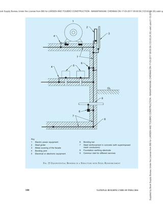 PART 8 BUILDING SERVICES — SECTION 2 ELECTRICAL AND ALLIED INSTALLATIONS 97
measurements are not required. Proper drawings should
be made based on the actual installation and submitted
to authorities if necessary. See also good practice
[8-2(45)].
11.5.4 Use of Natural Components
Natural components are conductive components
installed in a building not specifically for lightning
protection which can be used to provide the function
of one or more parts of the LPS.
Natural components made of conductive materials,
which will always remain in/on the structure (for
example, interconnected steel-reinforcement, metal
framework of the structure, steel roof, metal facade,
handrails, etc) should be used as parts of an LPS such
as air-termination, down-conductor and earthing, if it
satisfies the requirement according to good practices
[8-5(44)] and [8-5(45)]. Bonding of different metallic
installations in the building should be done to avoid
dangerous potential differences which results in
flashover. This integrated method is not only
economical but does not influence or spoil the aesthetics
of the building. It also reduces the failure of electronic
equipment inside the building from radiated lightning
effects.
In case of natural down-conductors combined with
foundation earth electrodes, test joints are not required
and earth resistance measurements are not necessary
(see also 11.5.3.7)
11.5.4.1 Continuity of steelwork in reinforced concrete
structures
Steelwork within reinforced concrete structures is
considered to be electrically continuous provided that
the major part of interconnections of vertical and
horizontal bars are welded or otherwise securely
connected. Connections of vertical bars shall be welded,
clamped or overlapped a minimum of 20 times their
diameters and bound or otherwise securely connected.
For new structures, the connections between
reinforcement elements shall be specified by the
designer or installer, in cooperation with the builder
and the civil engineer. See [8-2(45)] for details.
For structures utilizing steel reinforced concrete
(including pre-cast, pre-stressed reinforced units), the
electrical continuity of the reinforcing bars shall be
determined by electrical testing between the uppermost
part and ground level (see Fig. 23). The overall
electrical resistance should not be greater than 0.2 Ω,
measured using test equipment suitable for this purpose.
If this value is not achieved, or it is not practical to
conduct such testing, the reinforcing steel shall not be
used as a natural down-conductor. In this case it is
recommended that an external down-conductor be
installed. In the case of structures of pre-cast reinforced
concrete, the electrical continuity of the reinforcing
steel shall be established between individual adjacent
pre-cast concrete units. See [8-2(45)] for details.
11.5.4.2 Bonding network
A low impedance bonding network is needed to avoid
dangerous potential differences between all equipment
inside the building. Moreover, such a bonding network
also reduces the magnetic field, thereby reduces the
radiated surges inside the building and provides more
protection for electrical/electronic equipment {see good
practice [8-5(48)]}.
This can be realized by a meshed bonding network
integrating conductive parts of the structure, or parts
of the internal systems, and by bonding metal parts or
conductive services at the boundary of each LPZ
directly or by using suitable SPDs.
The bonding network can be arranged as a three-
dimensional meshed structure with a typical mesh width
of 5 m (see Fig. 24 and Fig. 25). This requires multiple
interconnections of metal components in and on the
structure (such as concrete reinforcement, elevator rails,
cranes, metal roofs, metal facades, metal frames of
windows and doors, metal floor frames, service pipes
and cable trays). Bonding bars (for example, ring
bonding bars, several bonding bars at different levels
of the structure) and magnetic shields of the LPZ shall
be integrated in the same way.
Conductive parts (for example, cabinets, enclosures,
racks) and the protective earth conductor (PE) of the
internal systems shall be connected to the bonding
network {see good practice [8-5(48)]}.
11.5.5 Materials and Dimensions
Copper and aluminium are recommended for exposed
areas on installations required to have a long life.
Galvanized steel may be preferred for temporary
installations such as exhibition centres. Although it is
a common practice to use material in the form of strip
for horizontal air-terminations, down-conductors and
bonds, it is more convenient to use round material,
particularly as it facilitates the making of bends in any
plane. If different materials are used in an installation,
care should be taken to avoid galvanic corrosion by
the use of bi-metallic connectors. See Tables 12 to 14
for details.
11.5.6 Protection measures against injury to living
beings due to touch voltage and step voltage shall be
provided in accordance with good practice [8-2(45)].
11.5.7 Inspection of the LPS shall be done as per the
good practice [8-2(45)].
Supplied
by
Book
Supply
Bureau
Under
the
License
from
BIS
for
LARSEN
AND
TOUBRO
CONSTRUCTION
-
MANAPAKKAM,
CHENNAI
ON
17-03-2017
09:00:59
(123.63.24.35)
valid
upto31-12-2017
ook Supply Bureau Under the License from BIS for LARSEN AND TOUBRO CONSTRUCTION - MANAPAKKAM, CHENNAI ON 17-03-2017 09:00:59 (123.63.24.35) valid up
 