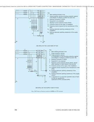 PART 8 BUILDING SERVICES — SECTION 2 ELECTRICAL AND ALLIED INSTALLATIONS 103
for example, SPD tested according to
class II); and
2) SPD tested with a combination wave
(typical waveform 8/20 for example, SPD
tested according to class II).
11.6.3.3 Failures of equipment due to electromagnetic
fields impinging directly onto the equipment can be
considered negligible provided the equipment complies
with the relevant radio frequency emission and
immunity (EMC) product standards. In general,
equipment is required to comply with the relevant EMC
product standards therefore SPM consisting of a
coordinated SPD system is usually considered sufficient
to protect such equipment against the effects of LEMP.
For equipment not complying with the relevant EMC
product standards, SPM consisting of a coordinated
SPD system as well as additional magnetic shielding
measures shall be considered. Coordinated SPD
protection should ensure the voltage impulses due to
conducted surges are less than the voltage impulse
withstanding capacity of the equipment as well as
shielding measures should ensure the radiated surges
are within the withstanding capacity of the equipment.
11.6.3.4 Design of SPM
SPM can be designed for protection of equipment
against surges and electromagnetic fields, as given
below. See good practice [8-2(48)] for some examples
of SPM using protection measures, such as LPS,
magnetic shields and coordinated SPD systems
(see 11.6.5).
Table 14 Material Configuration and Minimum Dimensions of Earth Electrodes1) and 2)
(Clause 11.5.5)
Minimum Dimensions
Sl
No.
Material Configuration
Earth Rod Diameter
mm
Earth Conductor
mm2
Earth Plate
mm
(1) (2) (3) (4) (5) (6)
Stranded 50
Solid round 15 50
Solid Tape 50
Pipe 20
Solid plate 500 × 500
i) Copper,
Tin plated copper
Lattice plate3)
600 × 600
Solid round 14 78
Pipe 25
Solid tape 90
Solid plate 500 × 500
Lattice plate 600 × 600
ii) Hot dipped
galvanized steel
Profile 4)
Stranded 70
Sold round 78
iii) Bare steel5)
Solid tape 75
Solid round 146)
50
iv) Copper coated steel
Solid tape 90
Solid round 15 78
v) Stainless steel7)
Solid tape 100
1)
Mechanical and electrical characteristics as well as corrosion resistance properties shall meet the requirements of IEC 62561
‘Lightning protection system components (LPSC)’ series.
2)
In case of a type B arrangement foundation earthing system, the earth electrode shall be correctly connected at least every 5 m with
the reinforcement steel.
3)
Lattice plate constructed with a minimum total length of conductor of 4.8 m.
4)
Different profiles are permitted with a cross-section of 290 mm2
and a minimum thickness of 3 mm, for example, cross profile.
5)
Shall be embedded in concrete for a minimum depth of 50 mm.
6)
250µm minimum radial copper coating, with 99.9 percent copper content
7)
Chromium  16 percent, nickel  5 percent, molybdenum  2 percent, carbon  0.08 percent.
Supplied
by
Book
Supply
Bureau
Under
the
License
from
BIS
for
LARSEN
AND
TOUBRO
CONSTRUCTION
-
MANAPAKKAM,
CHENNAI
ON
17-03-2017
09:00:59
(123.63.24.35)
valid
upto31-12-2017
ook Supply Bureau Under the License from BIS for LARSEN AND TOUBRO CONSTRUCTION - MANAPAKKAM, CHENNAI ON 17-03-2017 09:00:59 (123.63.24.35) valid up
 