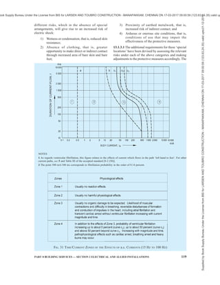 116 NATIONAL BUILDING CODE OF INDIA 2016
12.7 Extension Cords and Fittings
12.7.1 It shall be ensured that 3-pin plugs and cord
extension sockets used on flexible extension cords and
portable power tools are either of non-rewirable
(moulded) or transparent type. Cables that are normally
used for fixed wiring should not be used as flexible
extension cords.
12.7.2 Flexible extension cords shall not be located
with plug socket connections in wet places or places
where they may be subject to damage by liquids.
Fittings for flexible cables or flexible extension cords
shall be wired identically and the identity of phase,
neutral and earth connections are preserved in a like
manner. Bending radius limits for cables should be
strictly ensured; else internal breakage of strands can
occur leading to reduction of capacity, spot heating,
etc.
Flexible extension cords used in multi-storeyed
building construction works shall be confined to the
same floor as the power source, except in case of
formwork; external staging; lift or service shafts; and
stairwells. Extension cords shall be confined to not
more than one storey above or below the location of
the switchboard and be mechanically protected in the
transition area between storeys and in places where
damage is likely to occur.
The recommended maximum length of a 230 V cord
extension is given below:
Sl
No.
Cord
Extension
Set Rating
Conductor
Area
Maximum
Length of
Flexible Cord
A mm2
m
(1) (2) (3) (4)
1.0 25
1.5 35
i) 10
2.5 60
1.5 25
ii) 15
2.5 40
2.5 30
iii) 20
4.0 50
12.7.3 Joints in temporary wiring shall be avoided.
Unavoidable joints should be made with suitable
crimped ferrule and insulated with PVC tape on
individual core joints and further protected by a sleeve
or a covering of tape. Combination of teflon tape
followed by PVC tape is recommended where exposure
to water is anticipated.
12.7.4 Construction wiring shall be readily
distinguishable from permanent wiring by using cable
of a different colour or by attaching iridescent yellow
tape spaced at intervals not exceeding 5 m and stamped
with the words ‘construction wiring’.
12.8 Electrical Plant in Service Testing
Electrical plant shall be inspected and tested in
accordance with the following:
a) Movable electrical plant that is hand held or
portable during operation or moved between
operations and is subject to damage or harsh
environment shall be examined and tested
every 3 months.
b) All other electrical plant used for construction
purposes shall be inspected and tested at
intervals not exceeding 6 months.
c) When any equipment inspected or tested in
accordance with (a) and (b) is found to be
unsatisfactory, it shall be withdrawn from
service immediately and have a label attached
to it, ‘Warning against Further Use’. Electrical
plant found to be unsatisfactory shall not be
returned to service until it has been repaired
and retested.
d) The inspection and testing specified should
be carried out by an authorized/qualified
person.
e) The results of the inspection of electrical plant
should be recorded and kept on site or made
available for inspection by authorities.
Information recorded shall include,
1) the name of the person or company who
performed the tests;
2) the test or retest date; and
3) identification of faulty equipment and
action taken to repair or remove it from
use.
12.9 Lighting
Following in respect of lighting shall be ensured in
construction and demolition sites:
a) Access lighting — Adequate artificial lighting
should be installed to illuminate the work area,
if there is insufficient natural lighting. Lamps
in luminaires shall be protected against
mechanical damage. Luminaires installed as
part of the permanent electrical installation in
site accommodation, may not require further
mechanical protection.
Sufficient battery powered lighting shall be
installed in stairways and passageways to allow
safe access and exit from the area if there is
insufficient natural lighting. If there is a loss of
supply to the normal lighting in the area, it
should be ensured that battery powered lighting
Supplied
by
Book
Supply
Bureau
Under
the
License
from
BIS
for
LARSEN
AND
TOUBRO
CONSTRUCTION
-
MANAPAKKAM,
CHENNAI
ON
17-03-2017
09:00:59
(123.63.24.35)
valid
upto31-12-2017
ook Supply Bureau Under the License from BIS for LARSEN AND TOUBRO CONSTRUCTION - MANAPAKKAM, CHENNAI ON 17-03-2017 09:00:59 (123.63.24.35) valid up
 