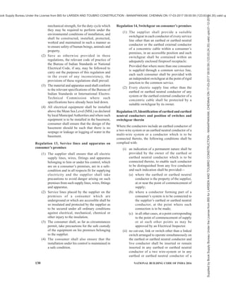PART 8 BUILDING SERVICES — SECTION 2 ELECTRICAL AND ALLIED INSTALLATIONS 127
SINo. Details Symbol SINo. Details Symbol
67. Combined Switch and
){ 78. Indicating instrument
0
Socket Outlet, 6A (General symbol)
68. Combined switch and
)[ 79. Recording instrument
D
socket outlet, 16 A (General symbol)
69. Interlocking switch and
X 80. Integrating meter
EJ
socket outlet, 6A
70. Interlocking switch and
X 81 . Watthour meter
§
socket outlet, 16A
71 . Plug
I 82. Clock
C9
72. Voltmeter
0 83. Master clock
~
73. Ammeter
0 84. Current transformer
8
74. Wattmeter
® 85. Voltage transformer LU
rn
75. Varmeter
(9 86. Wiring on the surface
/77 /77
76. Power factor meter
8 87. Wiring under the surface LL/ LL/
@ Q
77. Ohmmeter 88. Conduit on surface
/77 /77
Supplied
by
Book
Supply
Bureau
Under
the
License
from
BIS
for
LARSEN
AND
TOUBRO
CONSTRUCTION
-
MANAPAKKAM,
CHENNAI
ON
17-03-2017
09:00:59
(123.63.24.35)
valid
upto31-12-2017
ook Supply Bureau Under the License from BIS for LARSEN AND TOUBRO CONSTRUCTION - MANAPAKKAM, CHENNAI ON 17-03-2017 09:00:59 (123.63.24.35) valid up
 